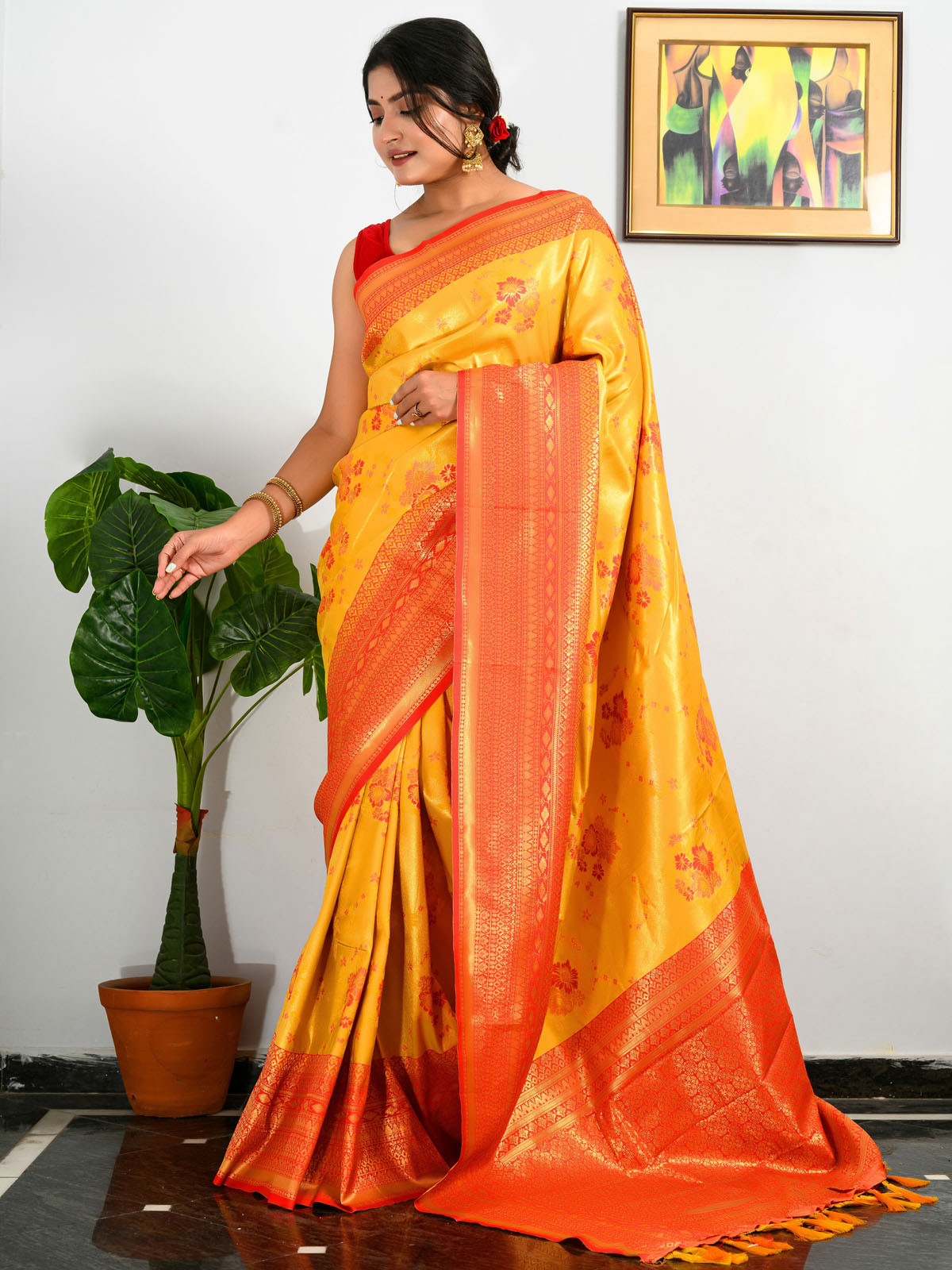 Kanjeevaram Soft Silk Saree With Meenakari Woven & Rich Pallu - Yellow