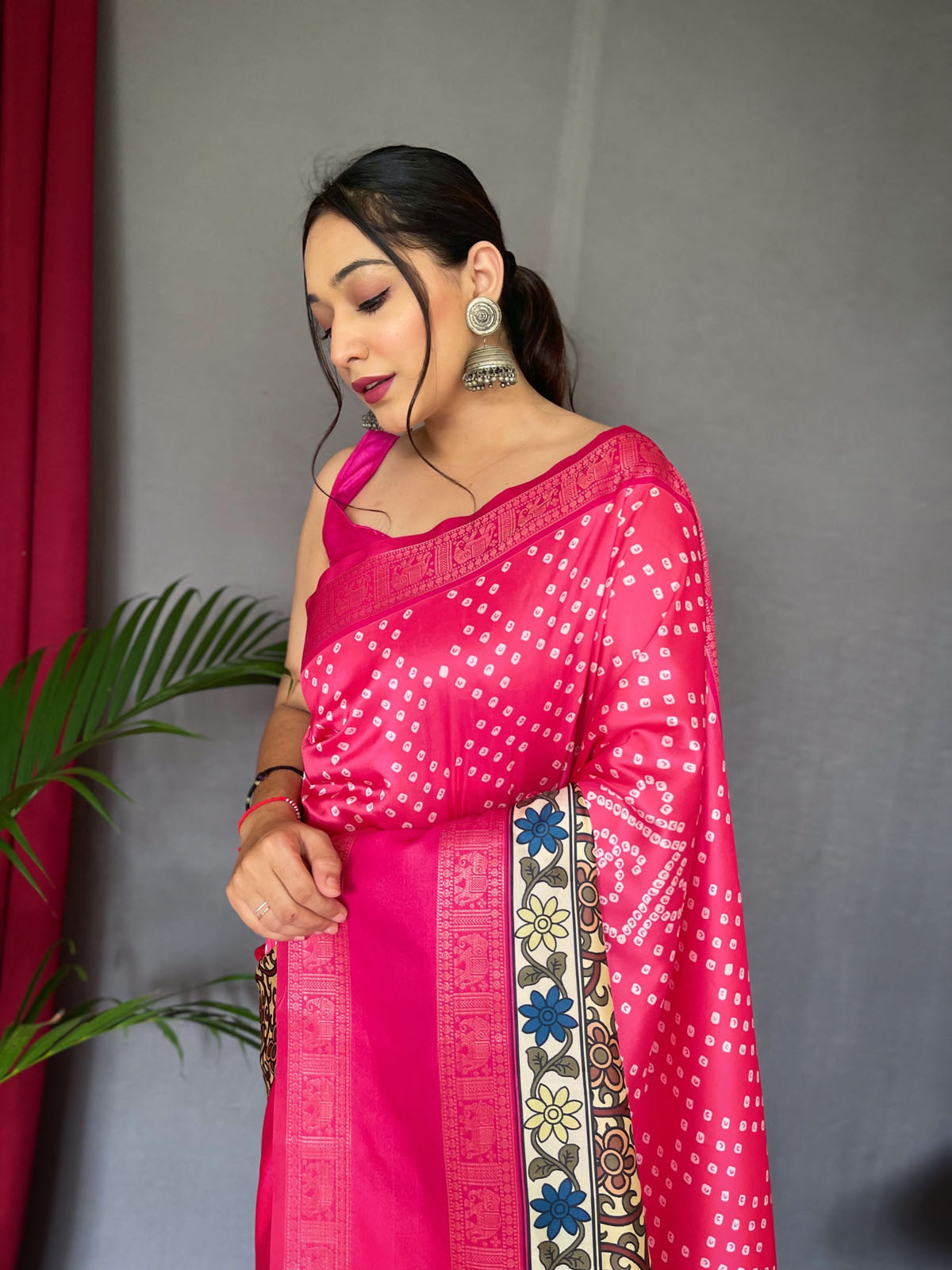 Pure Soft Silk Saree With Bandhej Kalamkari Print & Rich Pallu - Pink