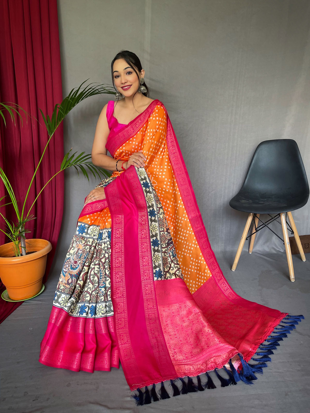 Pure Soft Silk Saree With Bandhej Kalamkari Print & Rich Pallu- Yellow