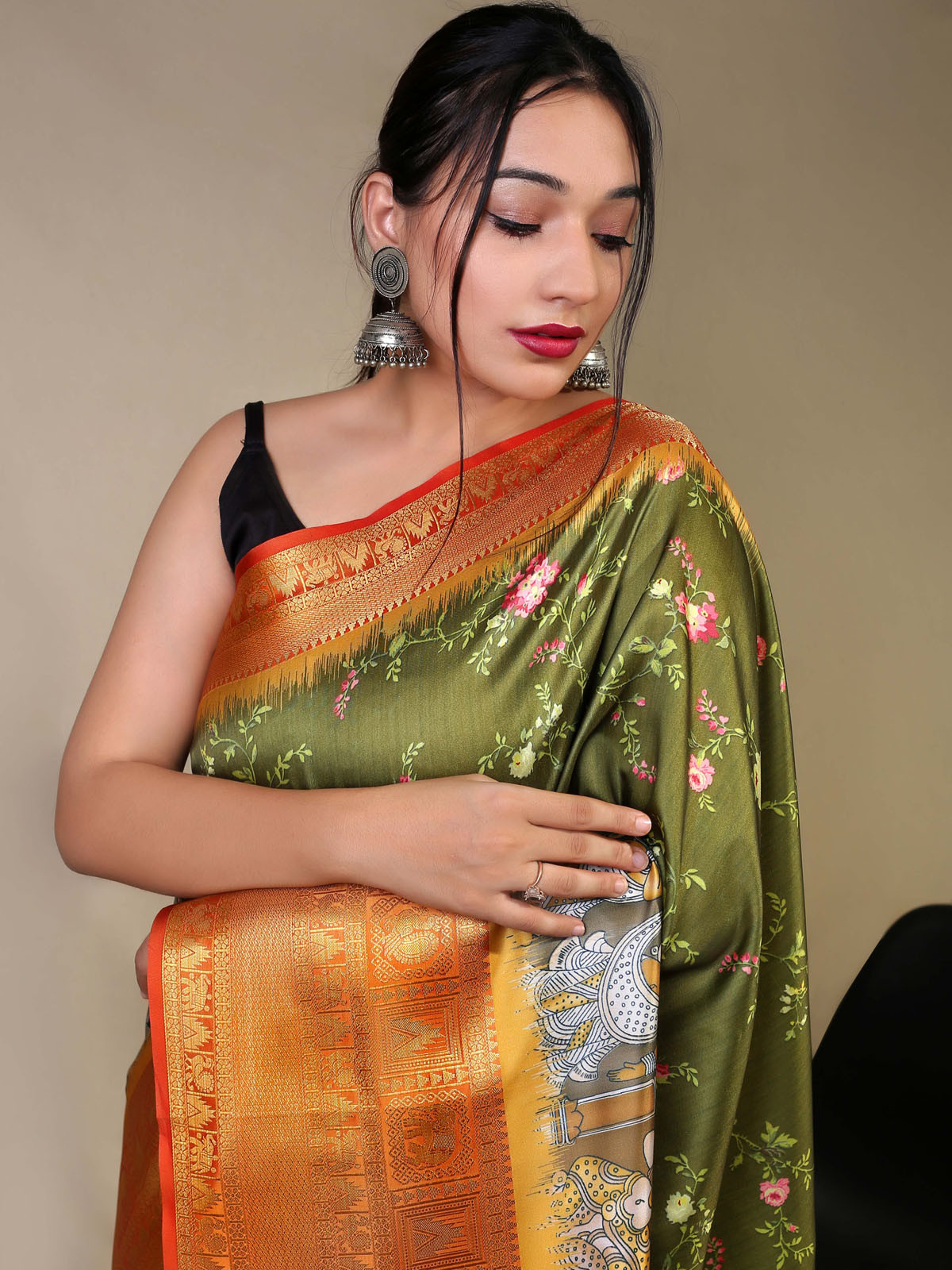 Pure Soft Silk Saree With Floral Kalamkari Print & Rich Pallu- Green