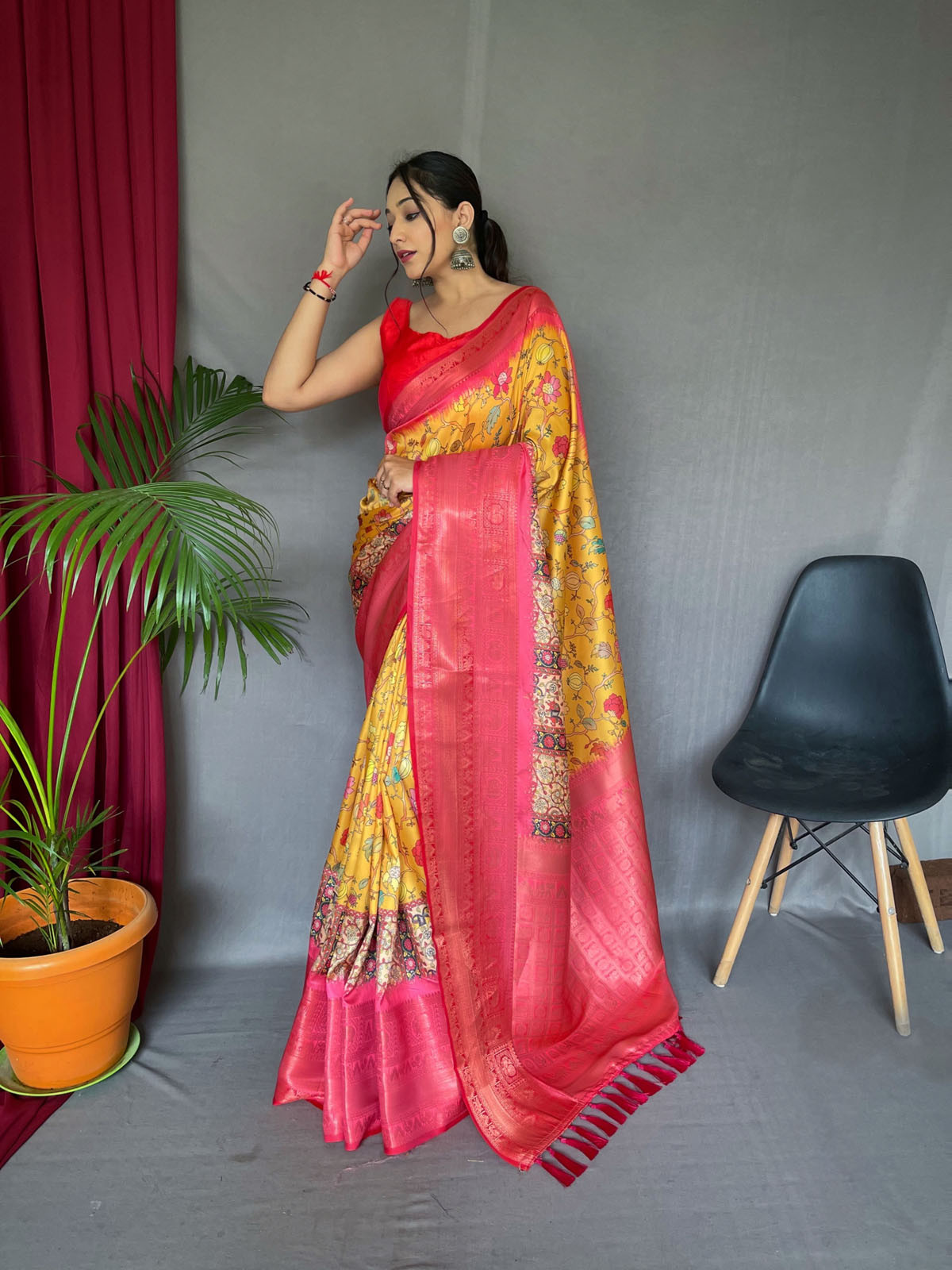 Pure Soft Silk Saree With Floral Kalamkari Print & Rich Pallu- Yellow