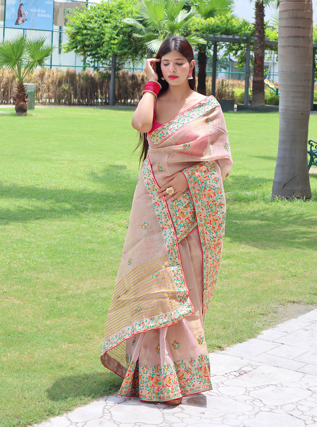 Tissue Silk Saree With Kashmiri Embroidery & Rich Pallu - Pink