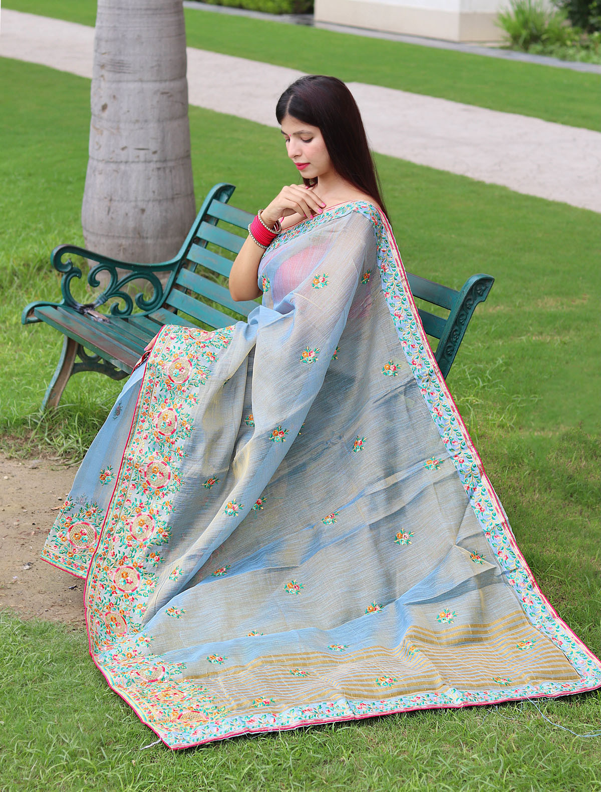 Tissue Silk Saree With Kashmiri Embroidery & Rich Pallu - Blue