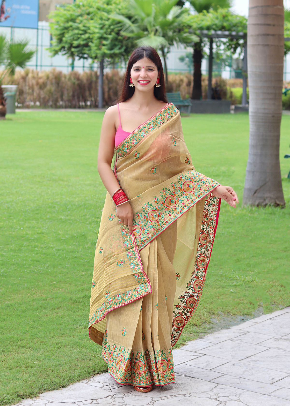Tissue Silk Saree With Kashmiri Embroidery & Rich Pallu - Gold
