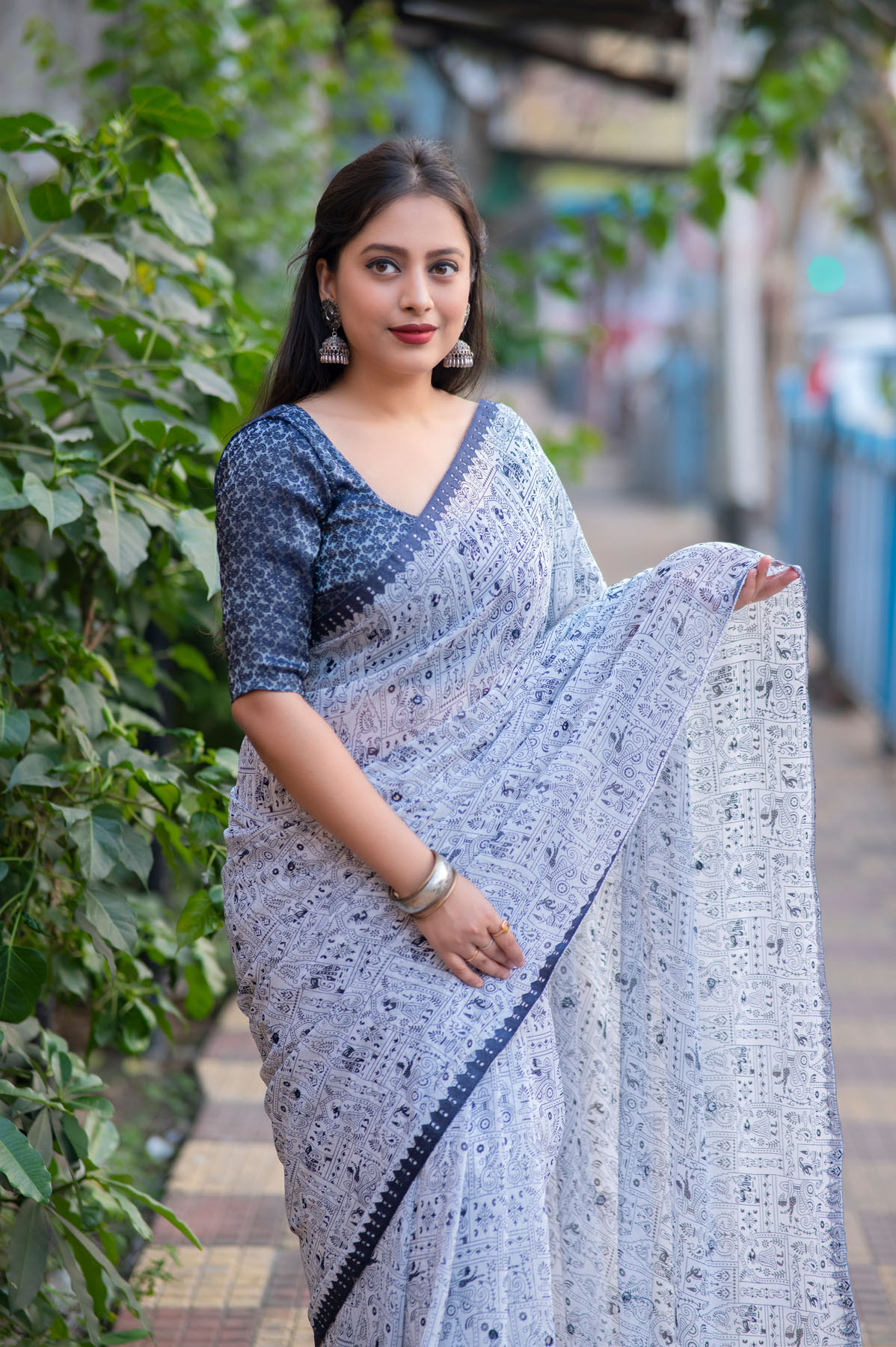 Pure Soft georgette Printed saree with aari mirror Work - Blue