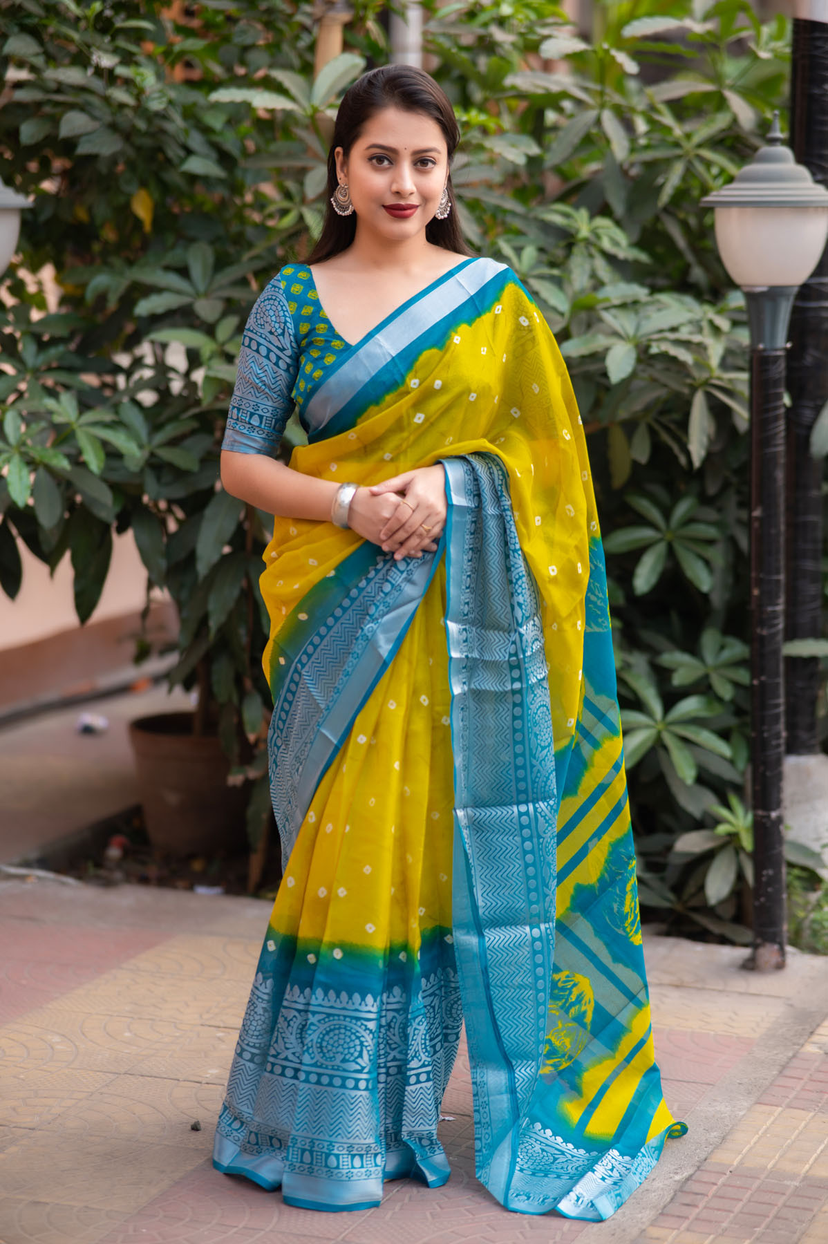 Soft Jute Silk Saree with Bandhej Print & Brasso border - Yellow