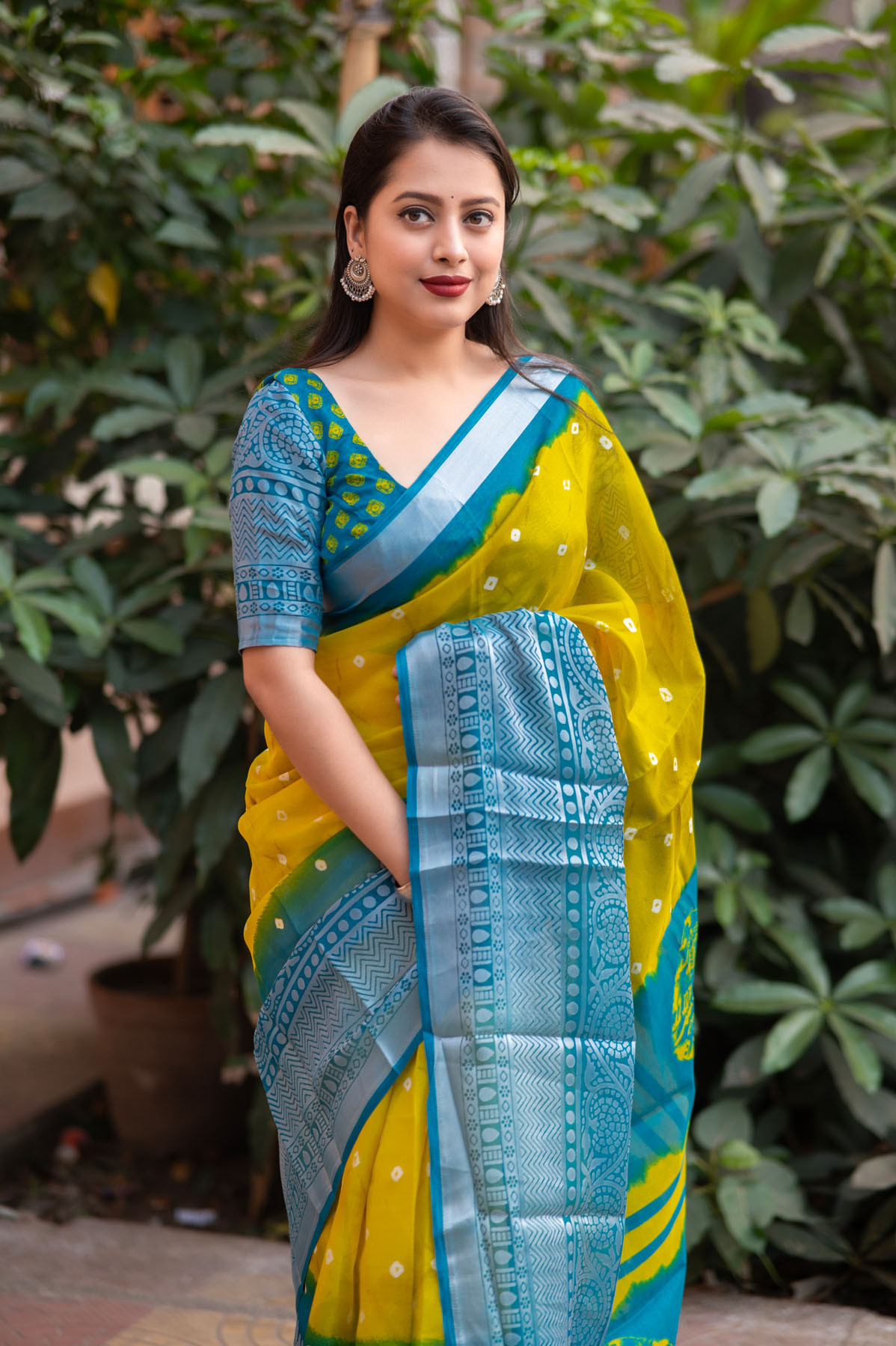 Soft Jute Silk Saree with Bandhej Print & Brasso border - Yellow