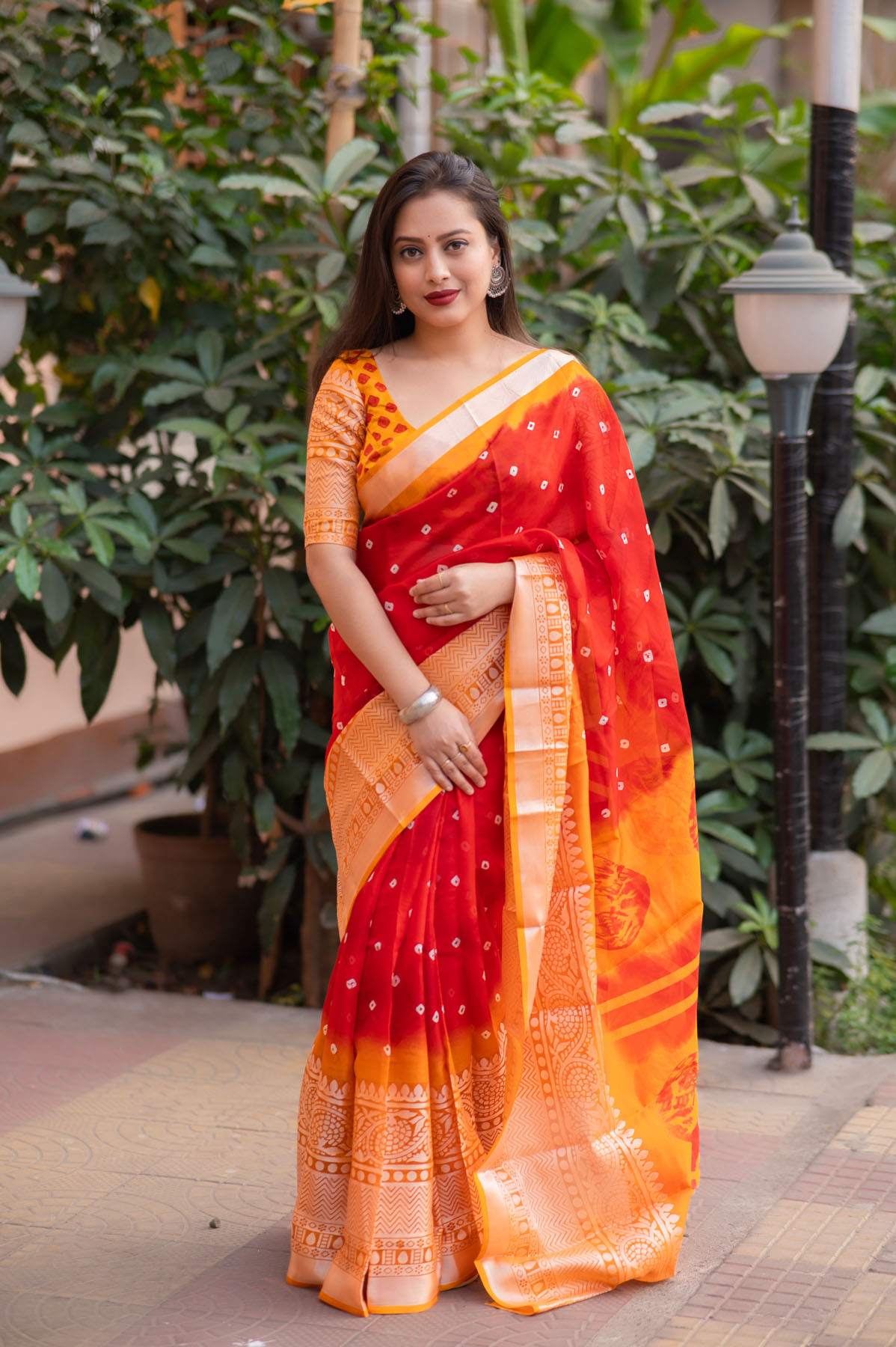 Soft Jute Silk Saree with Bandhej Print & Brasso border - Red