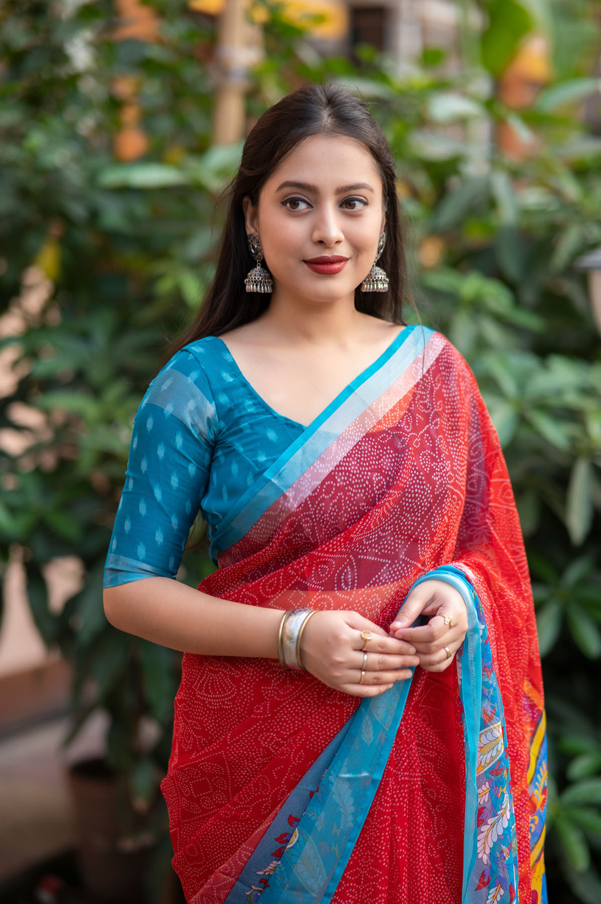 Beautiful Soft Chiffon Saree With Bandhni & Kalamkari Print - Red