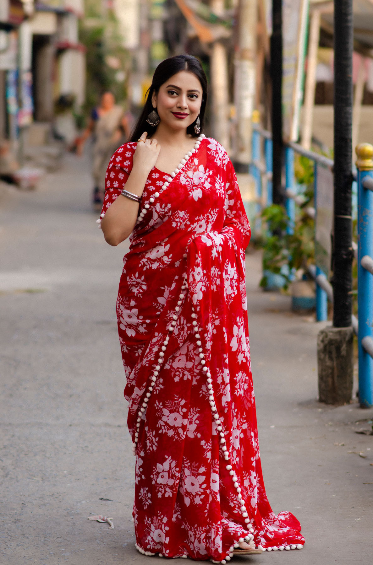 Pure Soft georgette Printed saree with aari mirror Work - Red