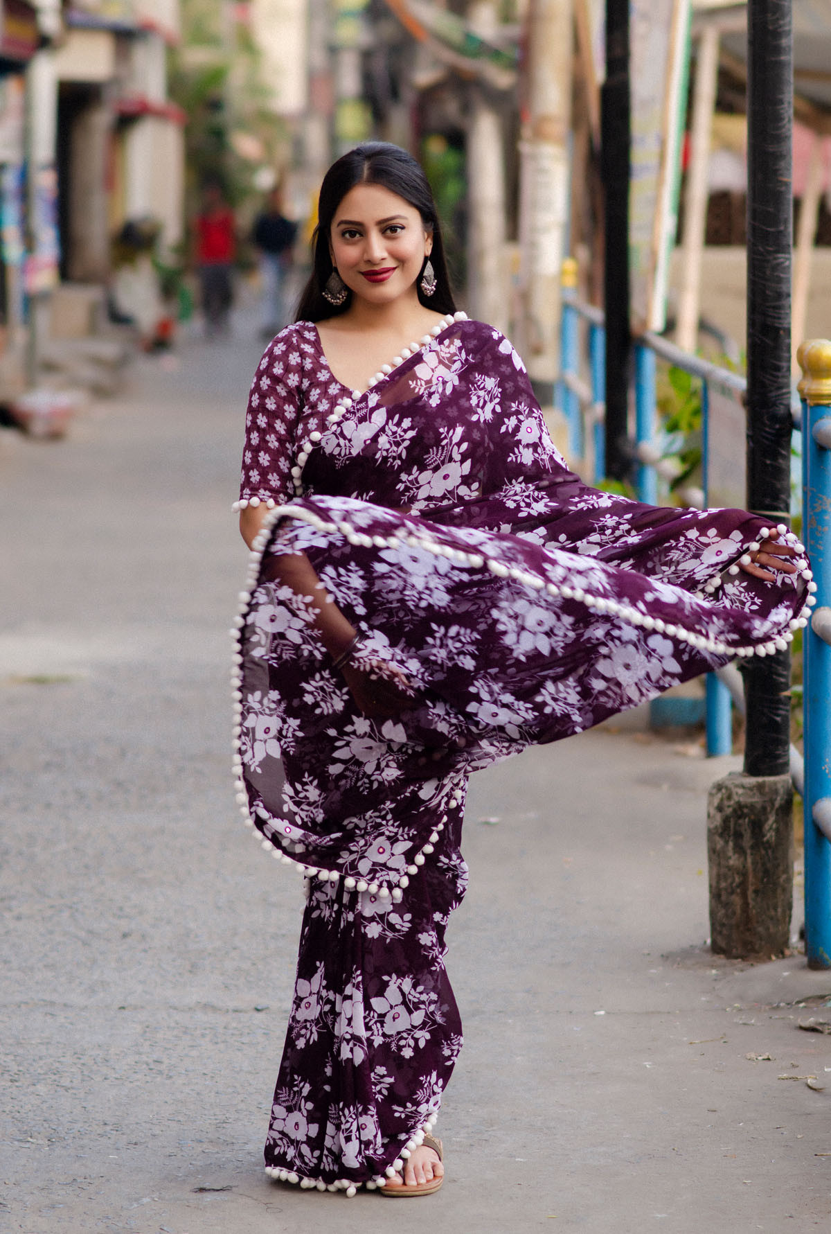 Pure Soft georgette Printed saree with aari mirror Work - Purple