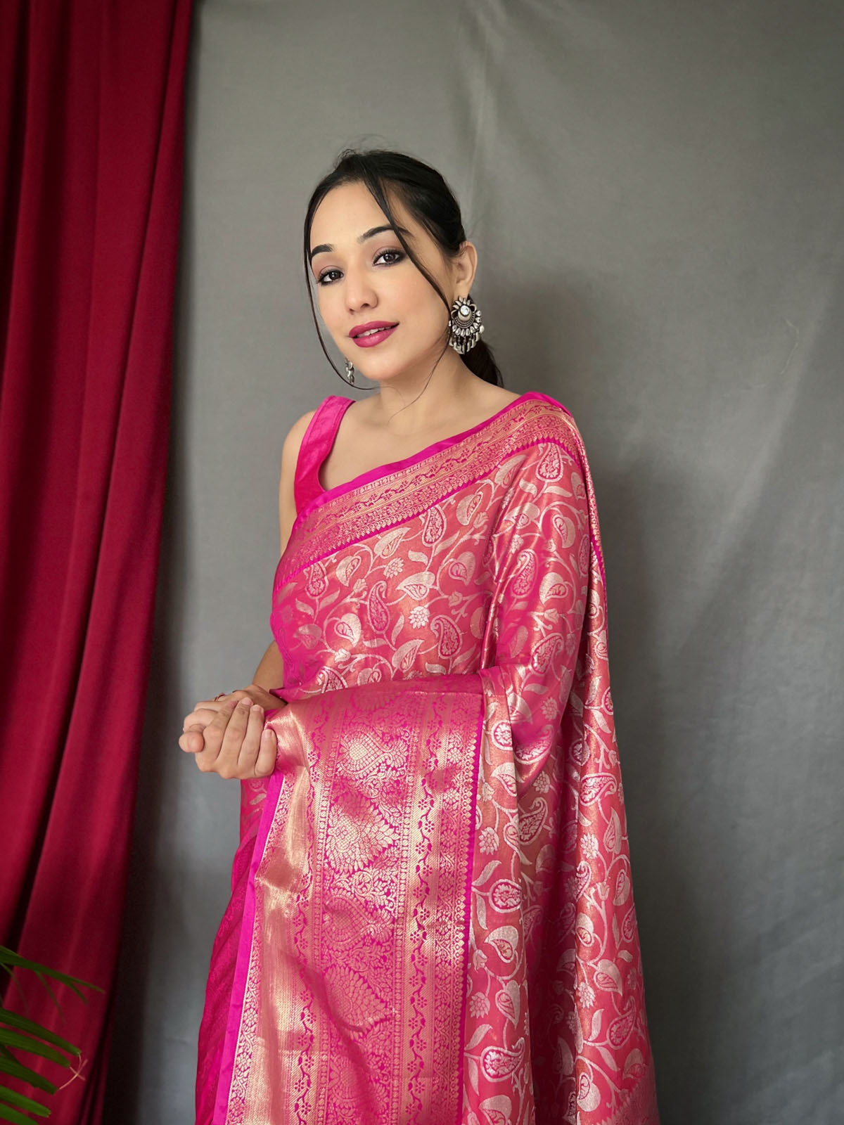 Kanjeevaram Silk Saree with Silver Jaal Woven & Rich pallu  - Pink