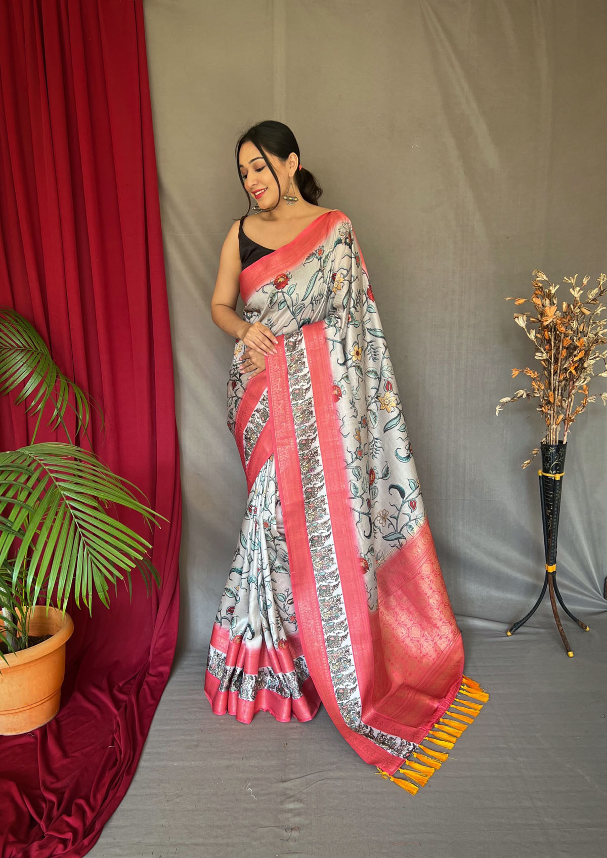 Banarasi Silk Saree with 3D Kalamkari Print attached by tassels -Multi