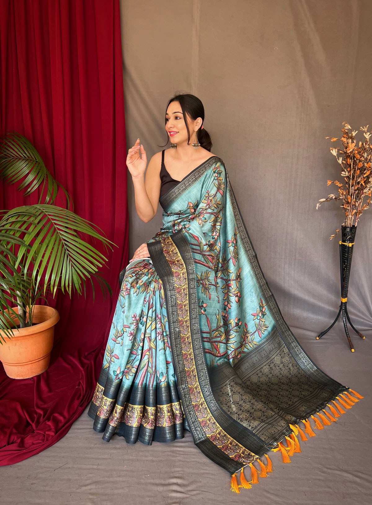 Banarasi Silk Saree with 3D Kalamkari Print attached by tassels -Blue