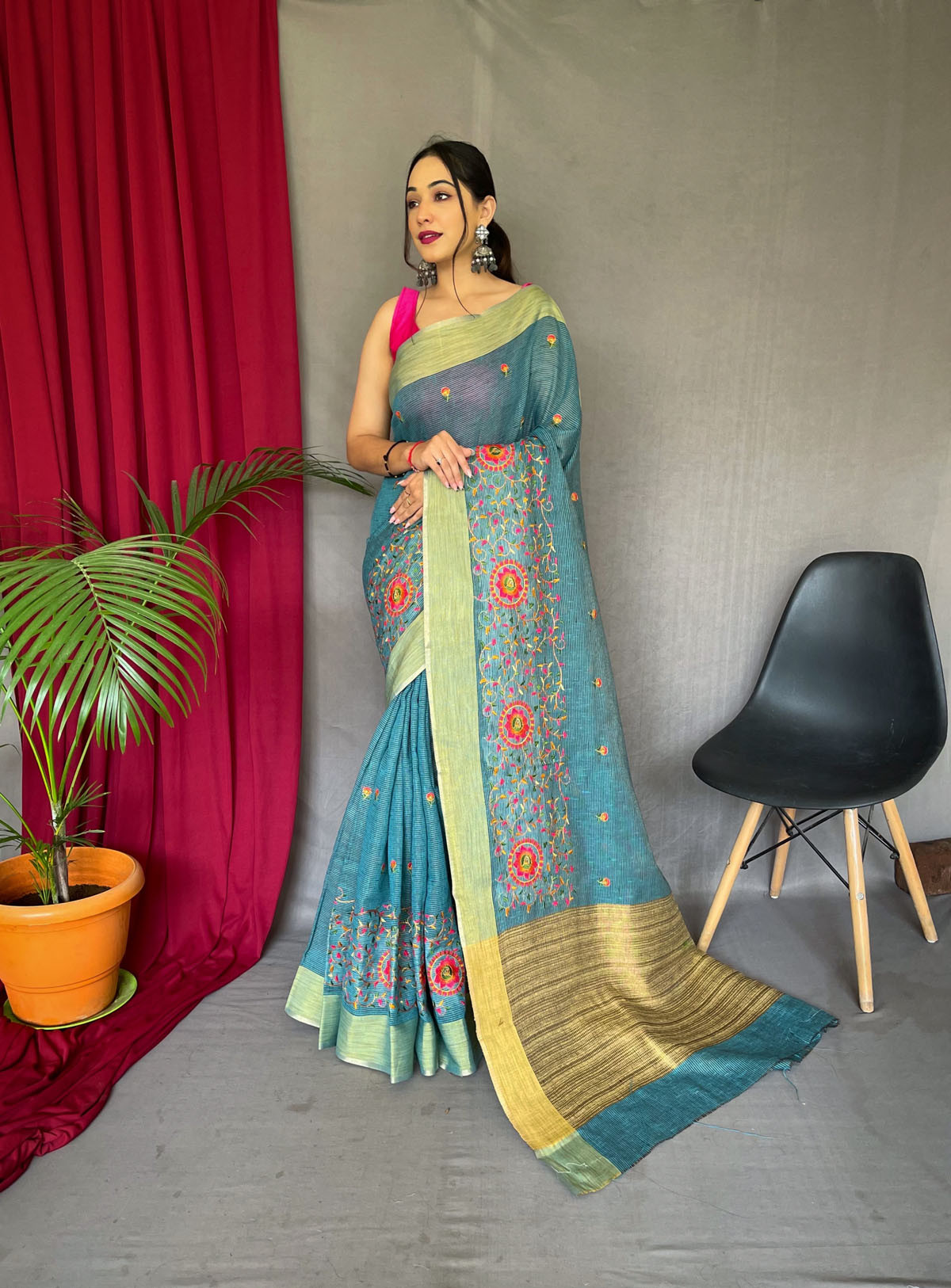Cotton Linen Saree With Multicolor thread Embroidery& Rich Pallu -Blue