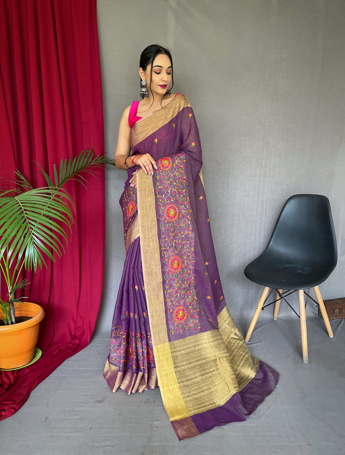 Cotton Linen Saree With Multicolor threadEmbroidery& RichPallu -Purple