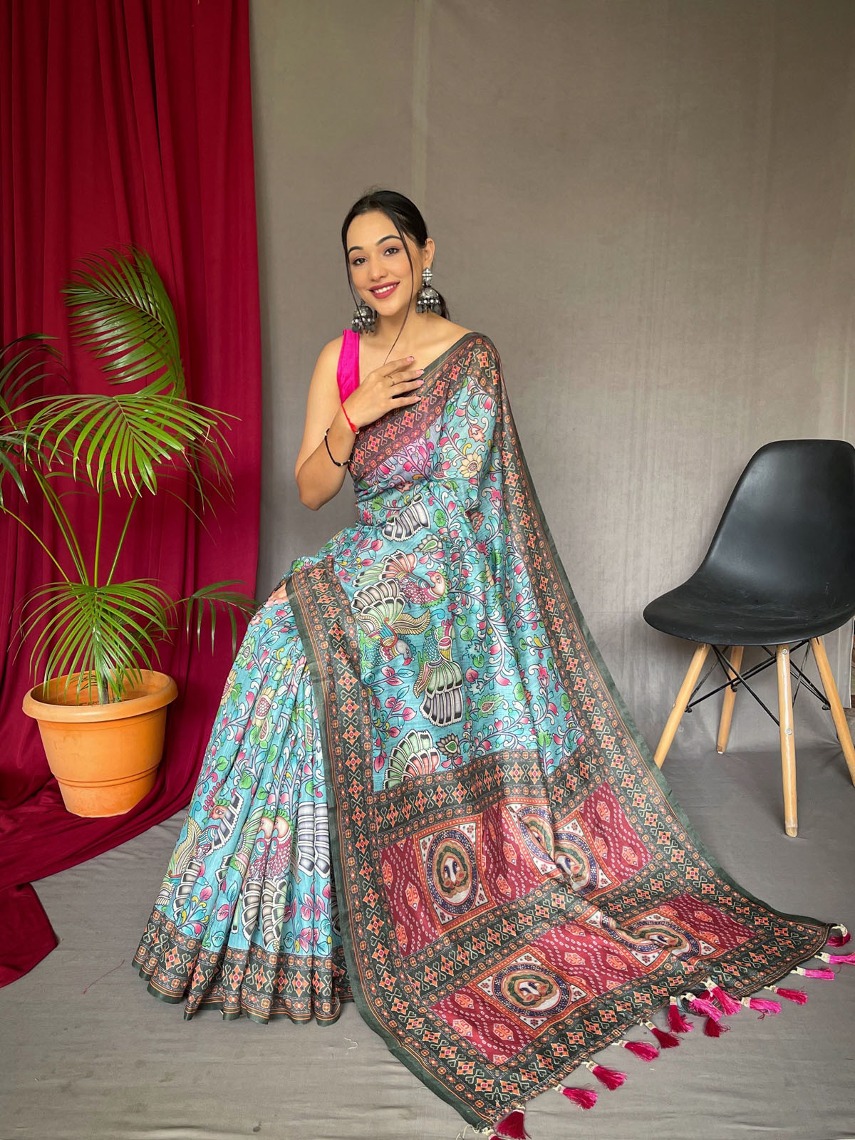 Beautiful Soft Cotton Saree With Bandhni & Kalamkari Print - Blue