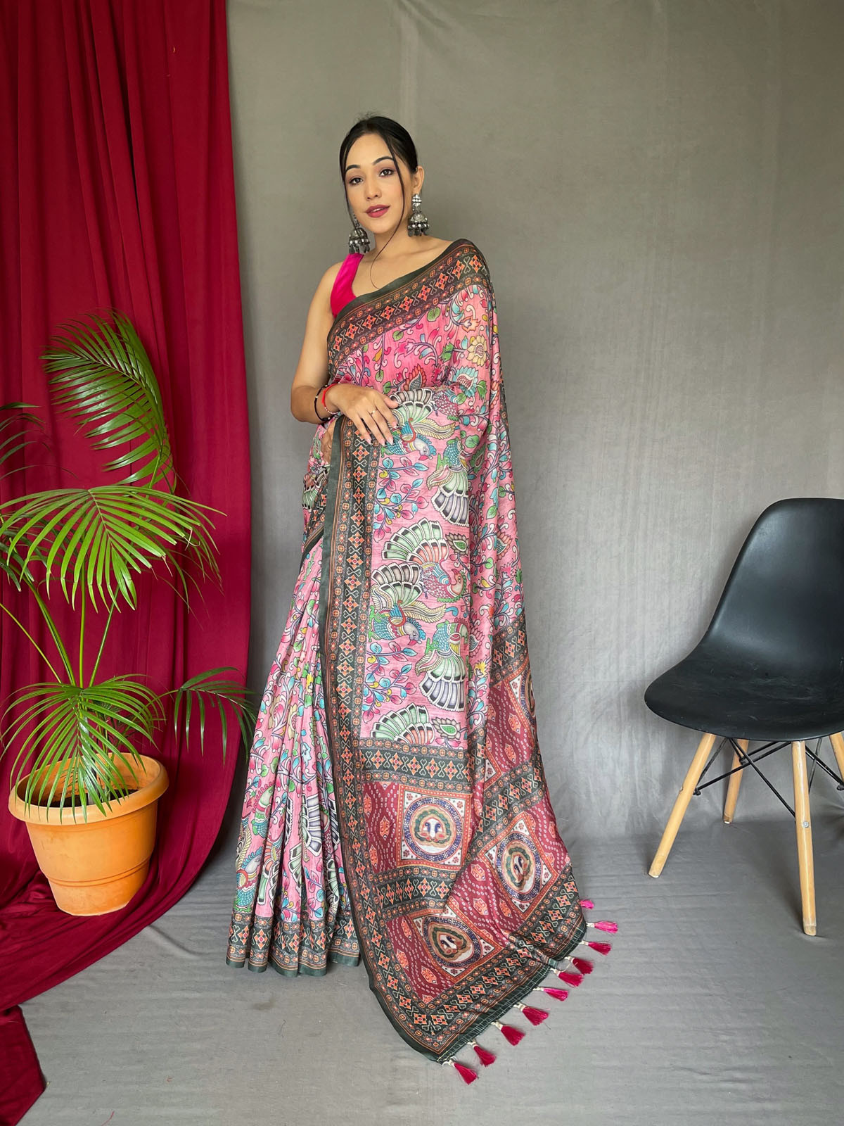 Beautiful Soft Cotton Saree With Bandhni & Kalamkari Print - Pink