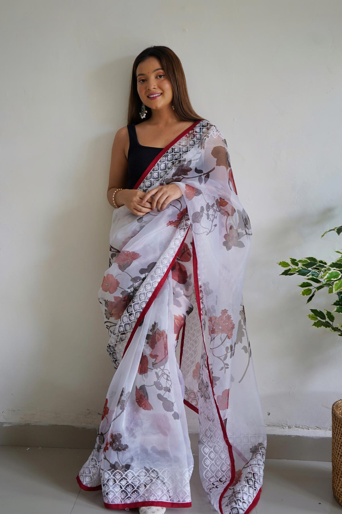 Premium Organza Digital Printed saree with Embroidery Work - White