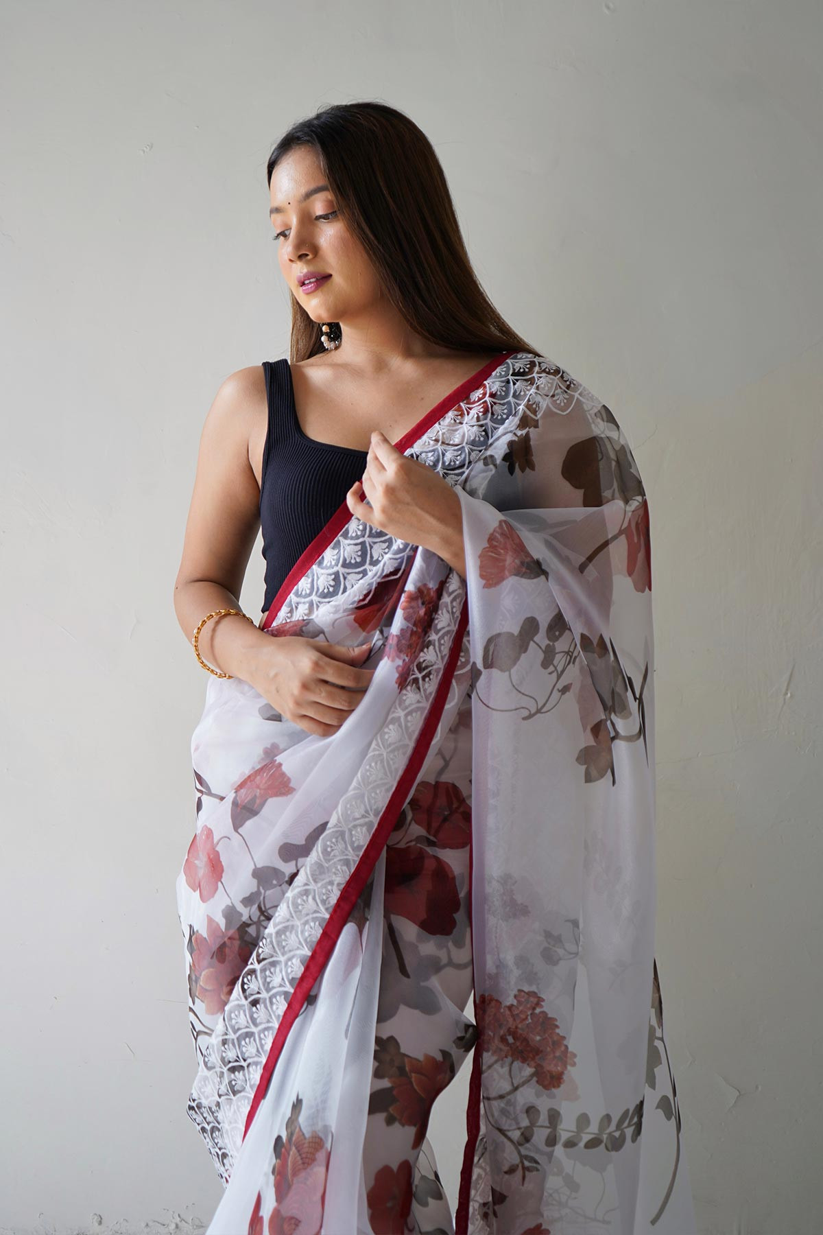 Premium Organza Digital Printed saree with Embroidery Work - White