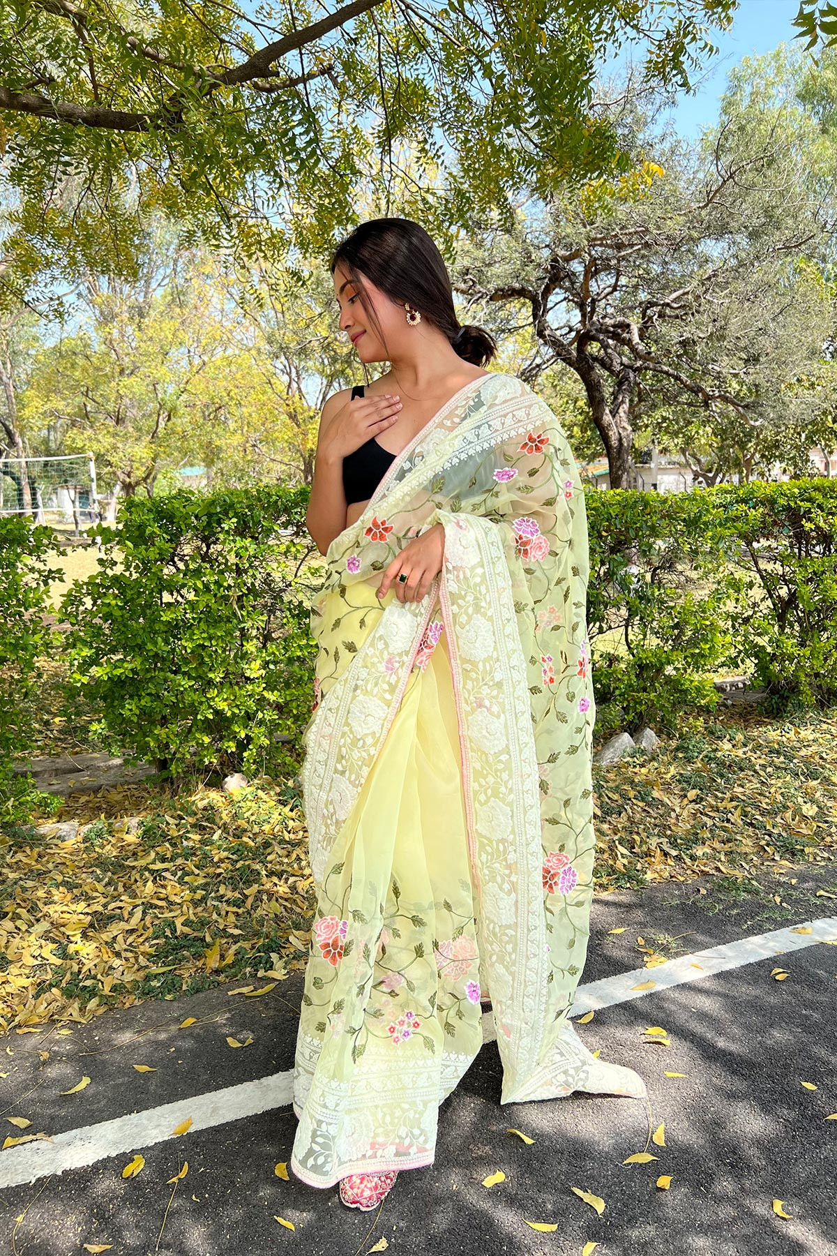 Premium Organza saree with Chikankari Embroidery Border - Yellow