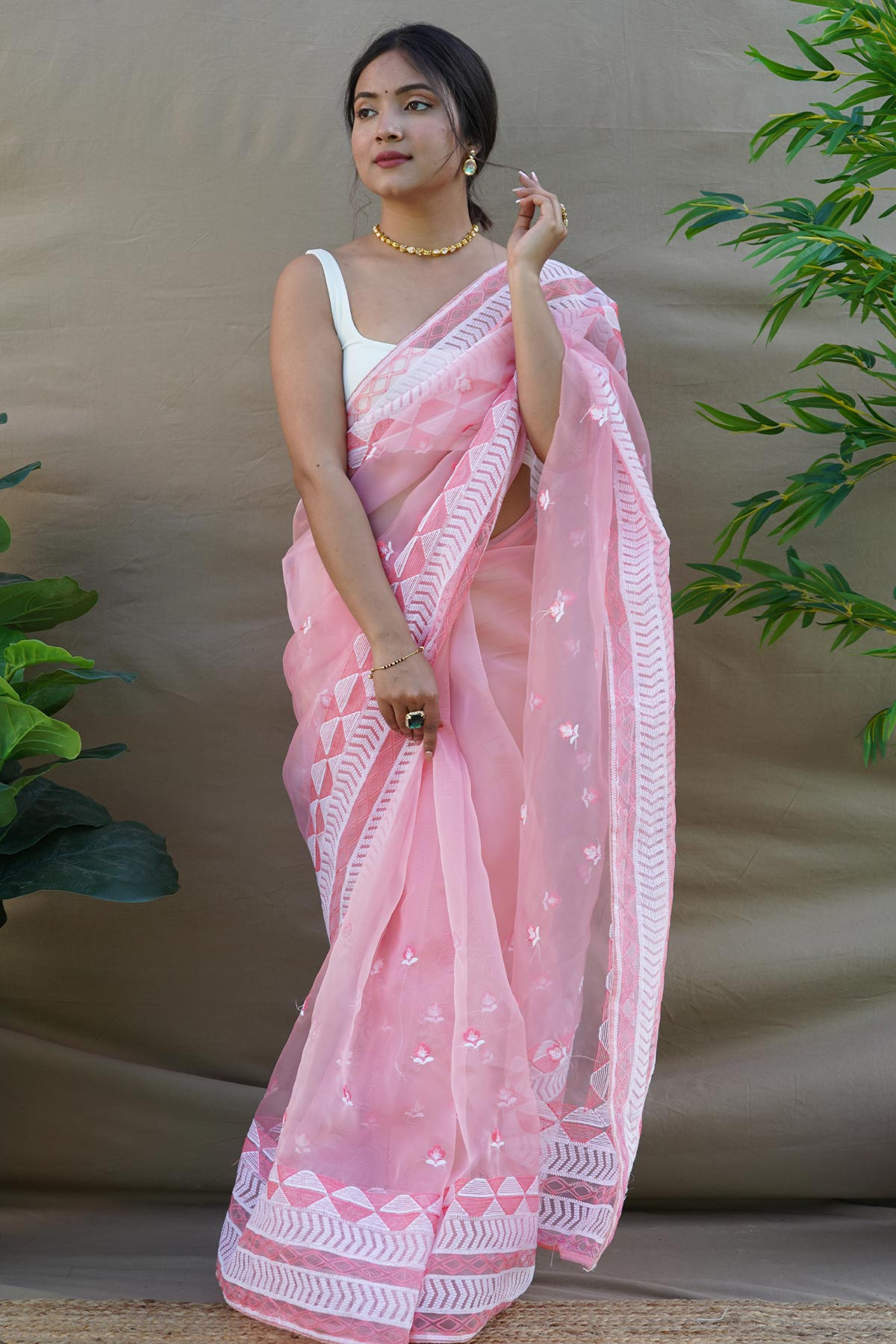Soft Organza Designer saree with Embroidery Work Border - Pink