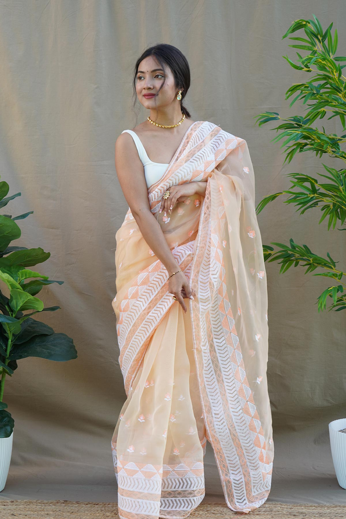 Soft Organza Designer saree with Embroidery Work Border - Peach