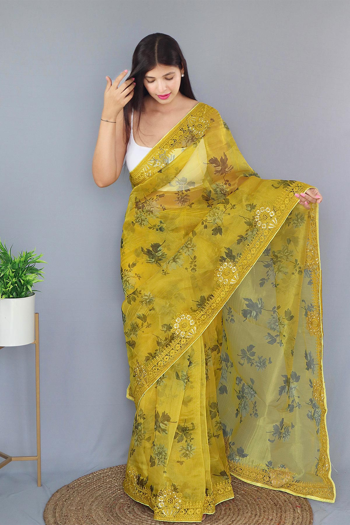 Pure Organza Silk Digital Printed saree with Embroidery Work - Yellow