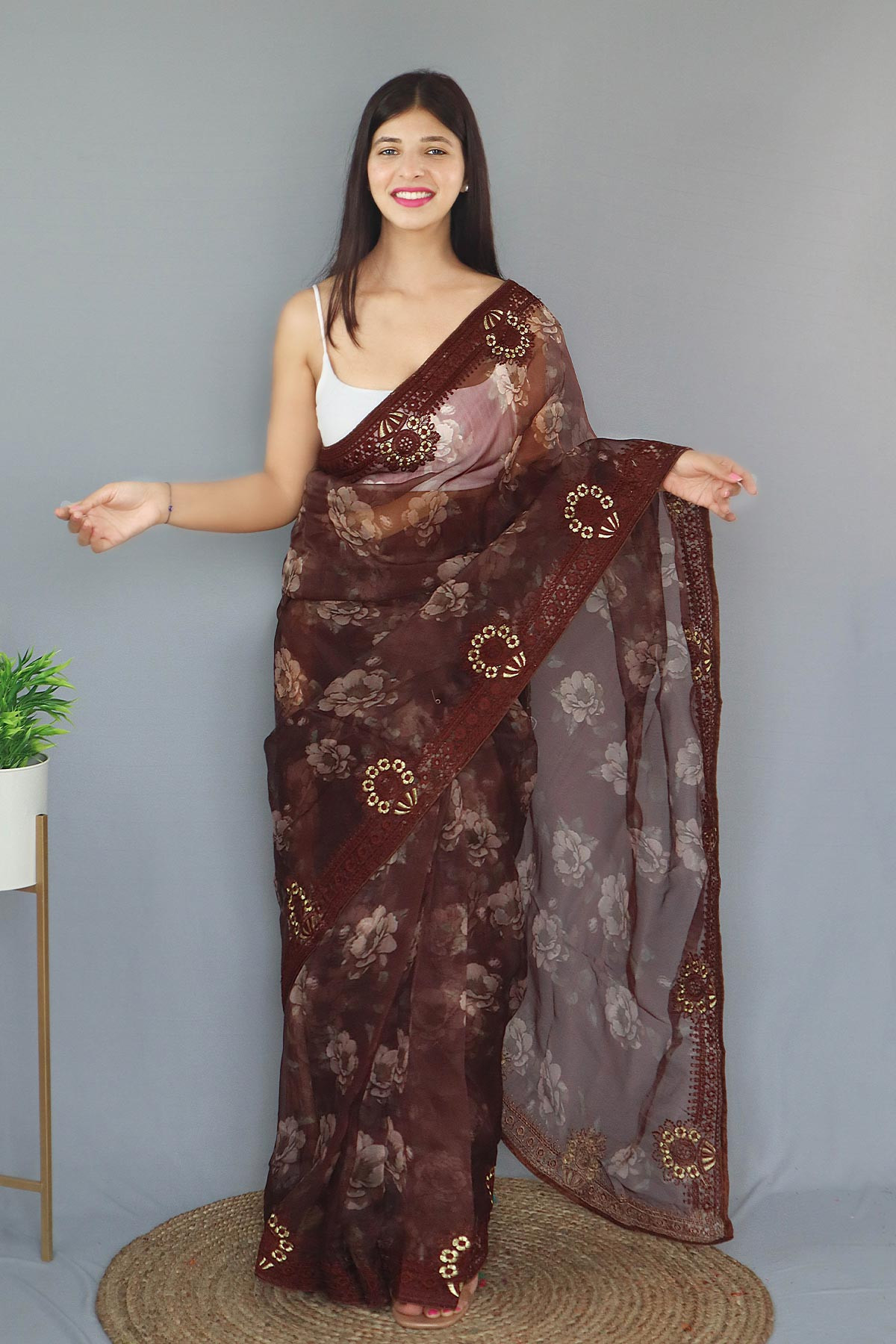 Pure Organza Silk Digital Printed saree with Embroidery Work - Brown