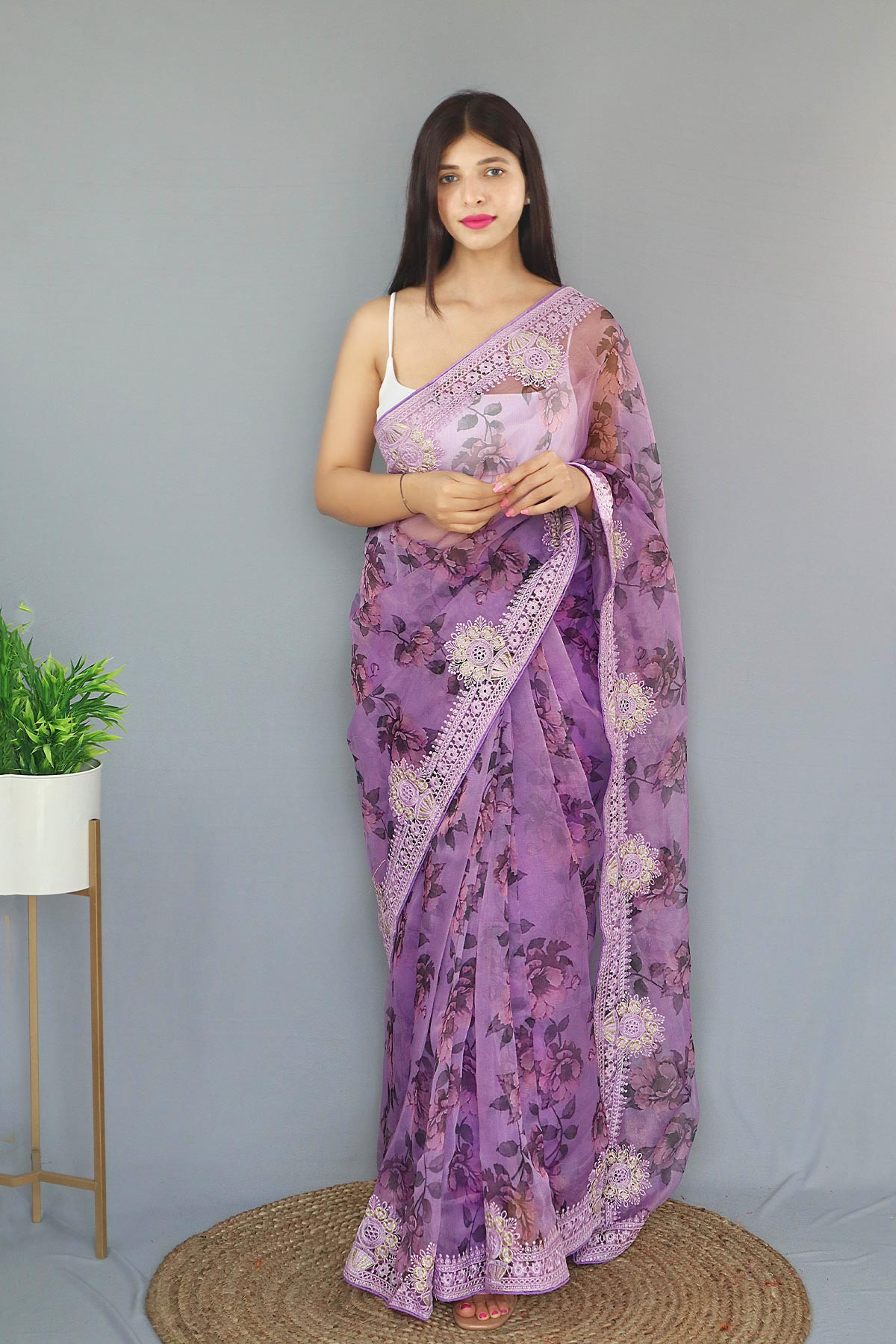 Pure Organza Silk Digital Printed saree with Embroidery Work - Purple