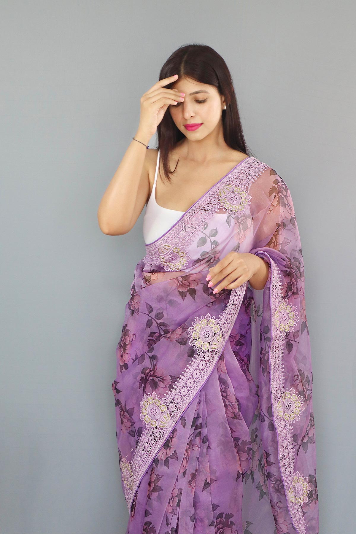 Pure Organza Silk Digital Printed saree with Embroidery Work - Purple