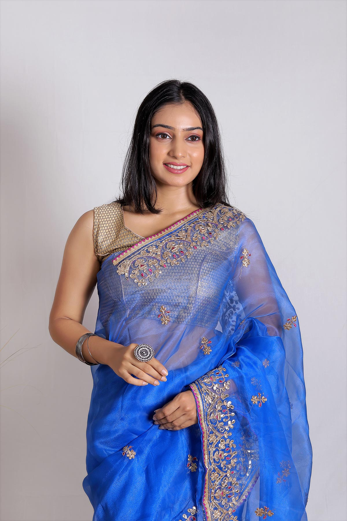 Soft Organza Designer saree with Hand work Embroidery - Blue