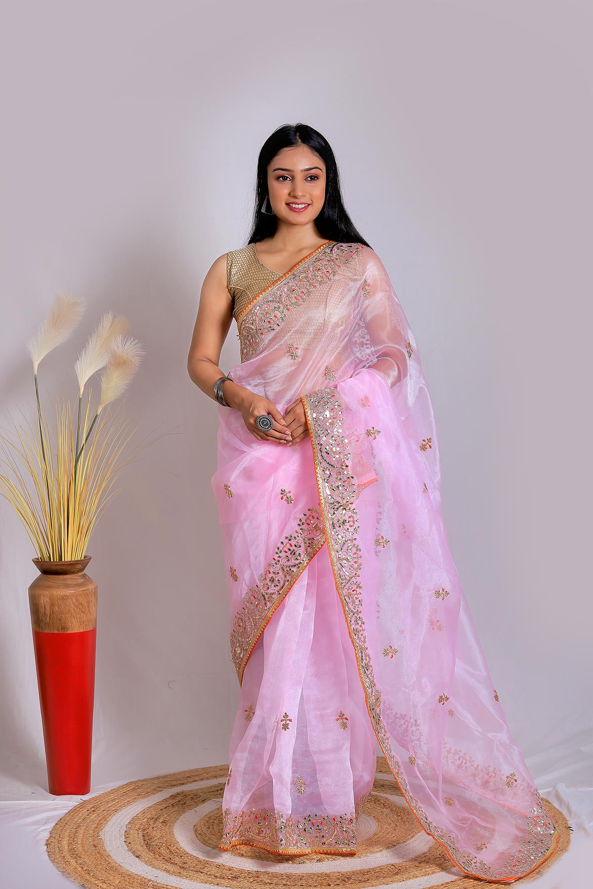 Soft Organza Designer saree with Hand work Embroidery - Pink