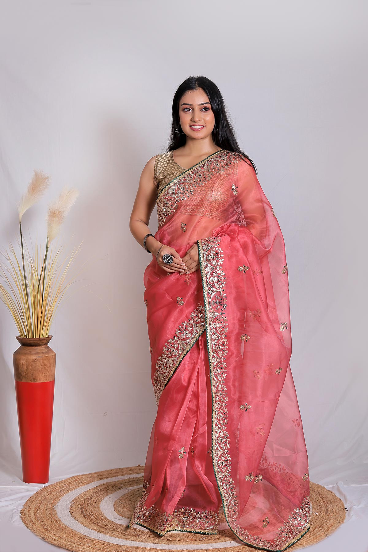 Soft Organza Designer saree with Hand work Embroidery - Red