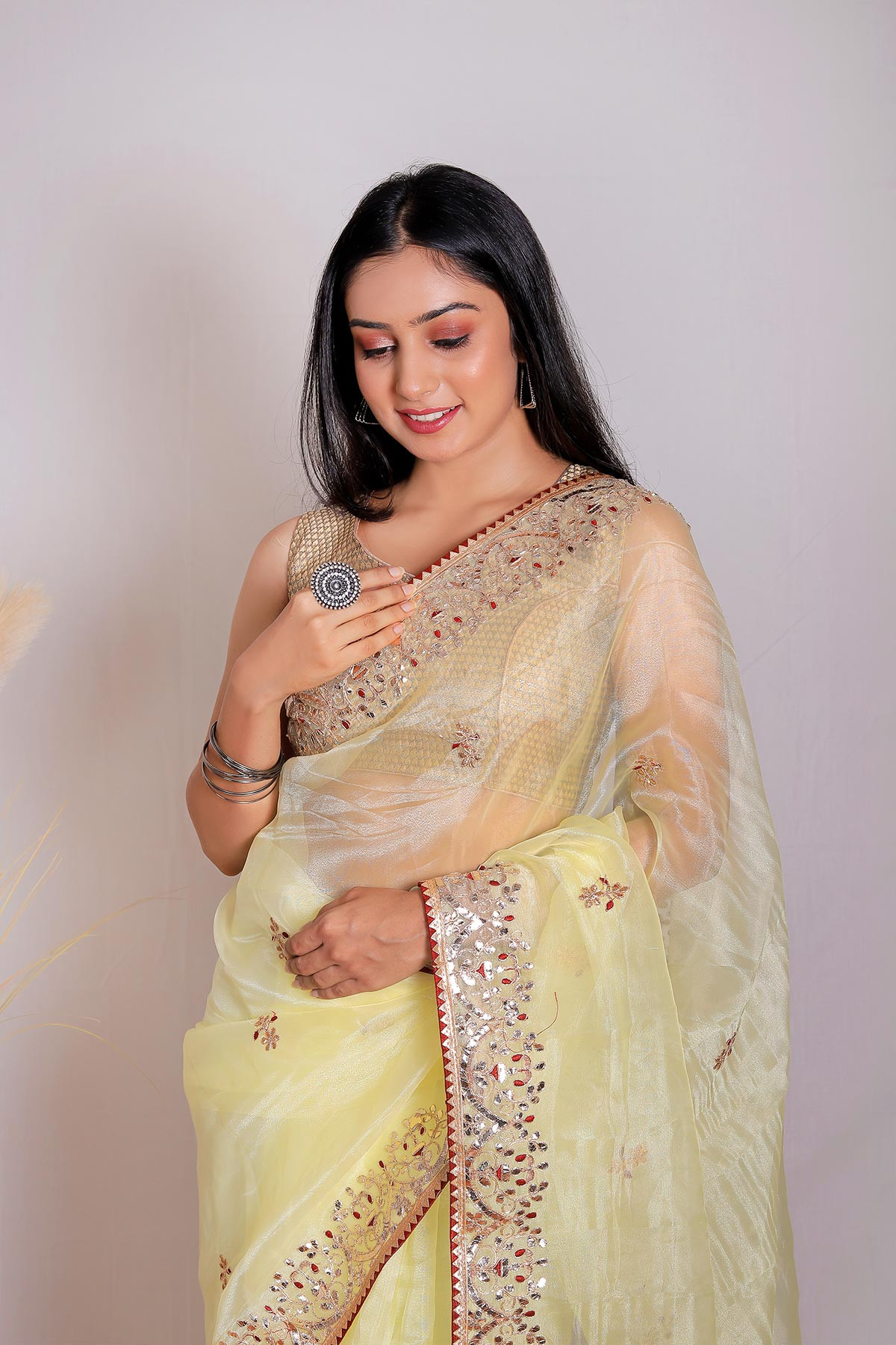 Soft Organza Designer saree with Hand work Embroidery - Yellow