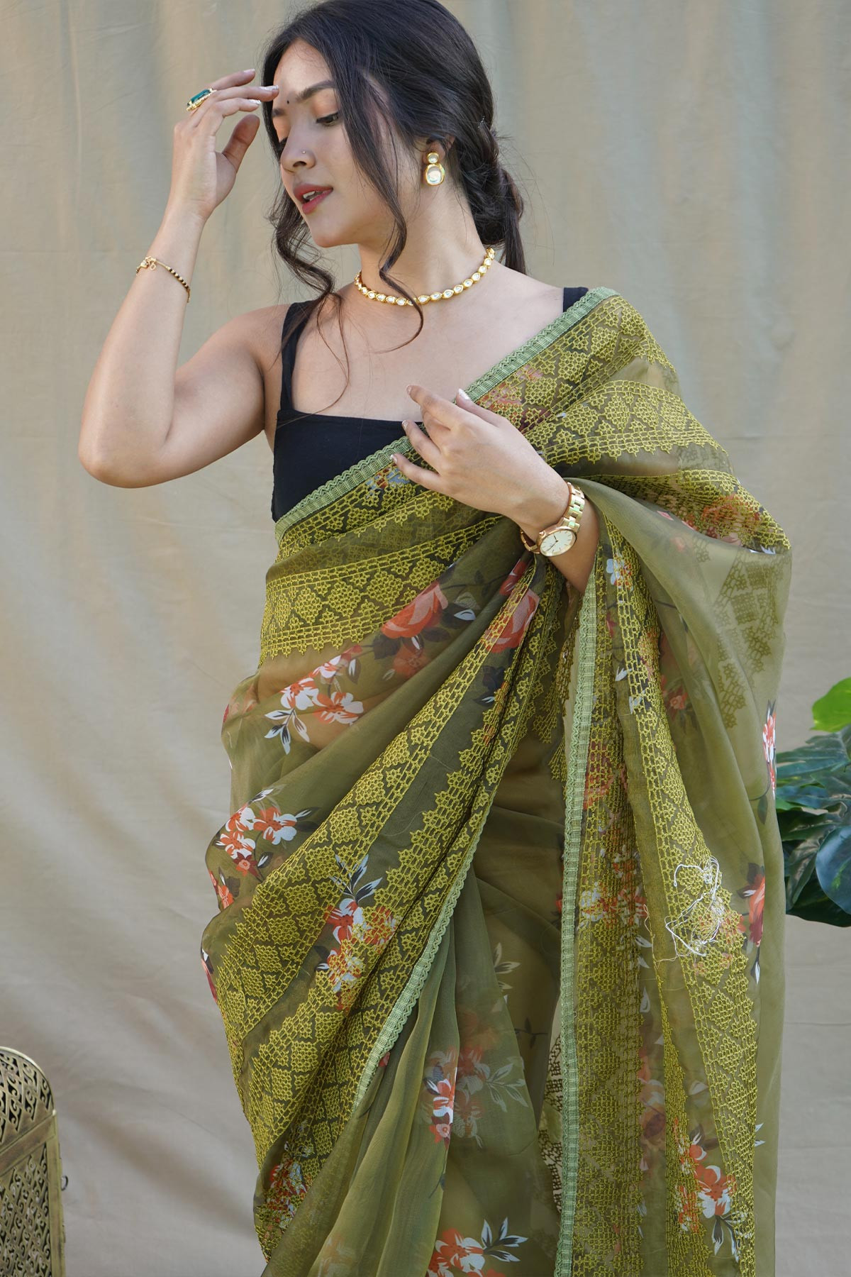 Premium Organza Digital Printed saree with chikankari Work - Green