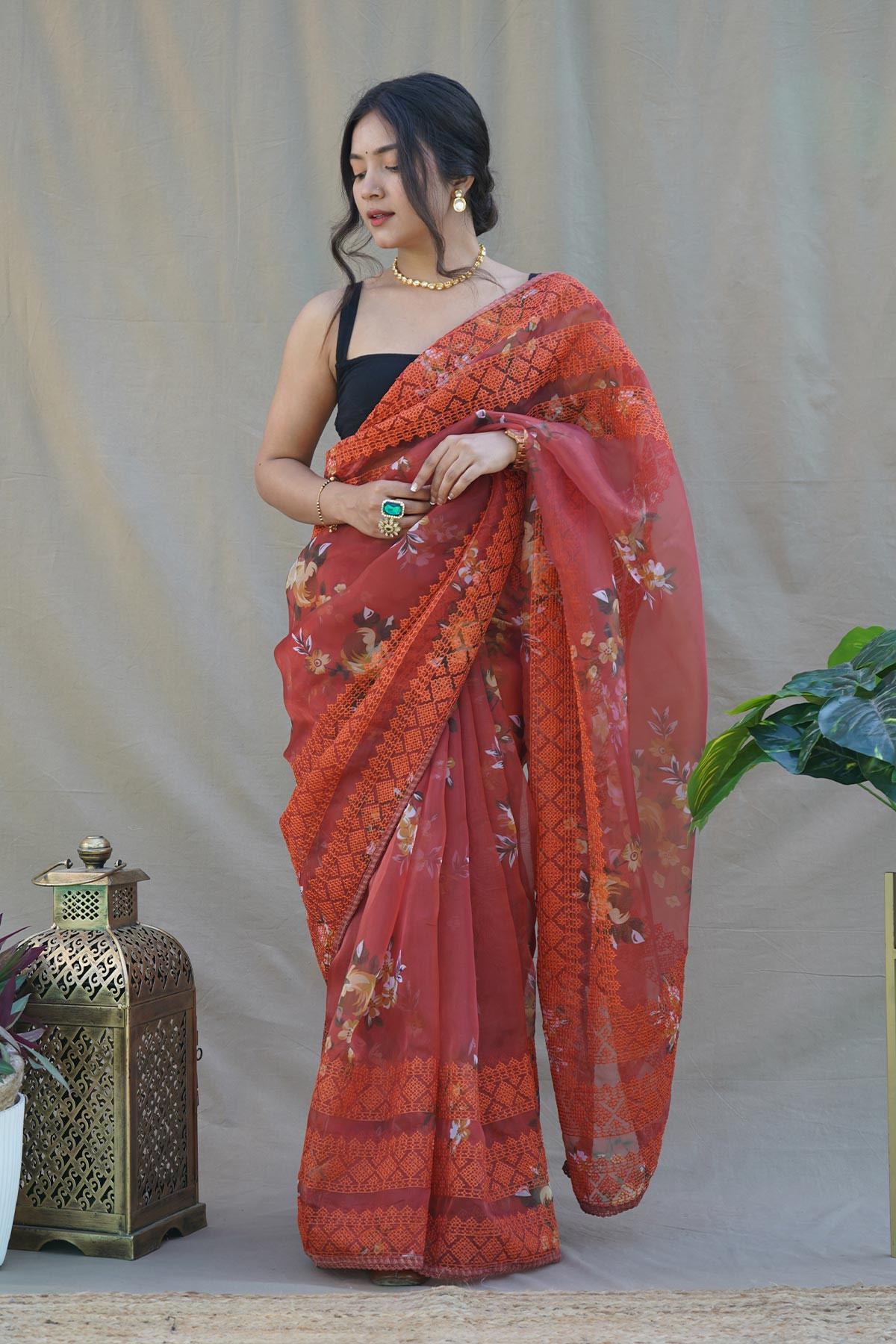 Premium Organza Digital Printed saree with chikankari Work - Red