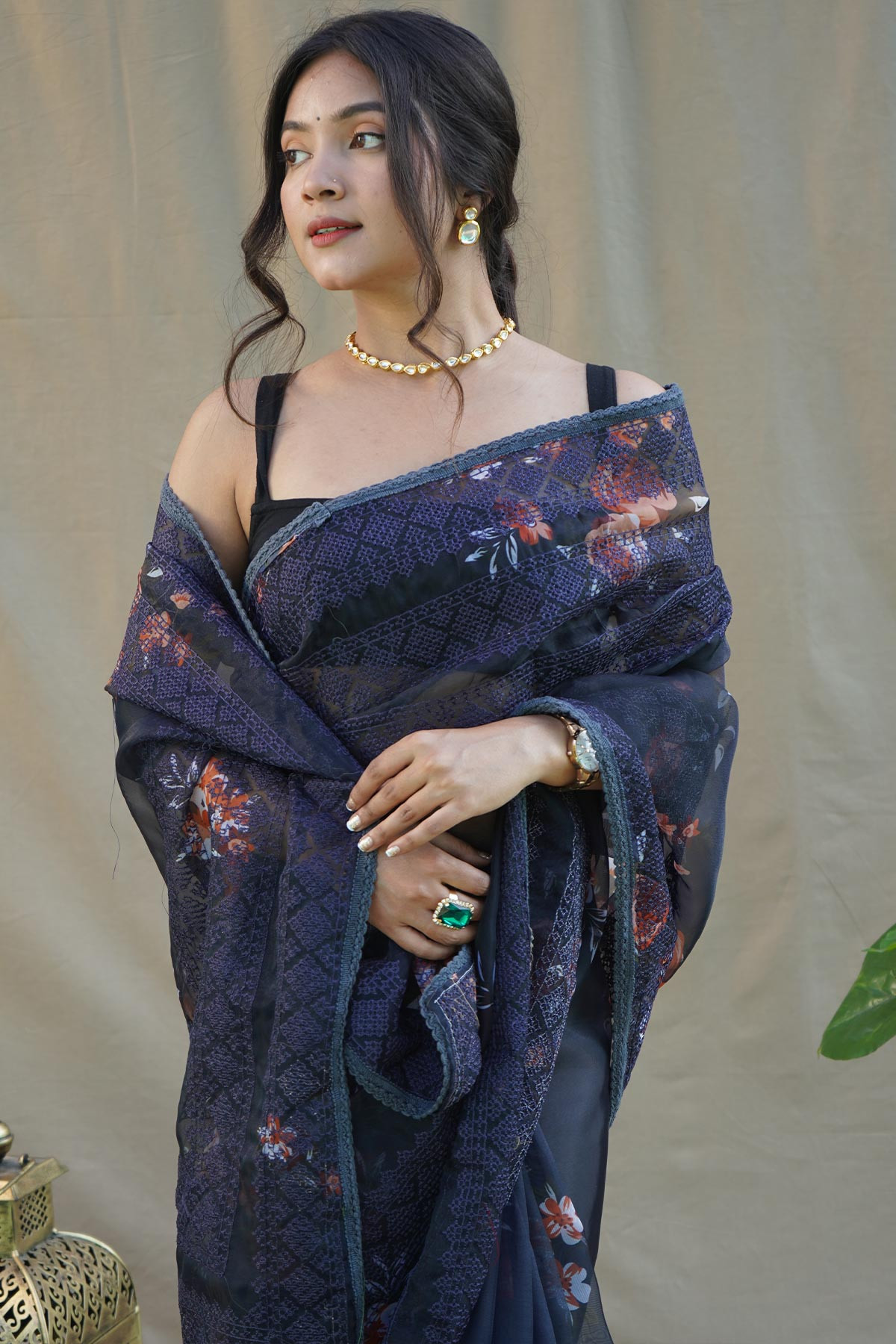 Premium Organza Digital Printed saree with chikankari Work - Blue