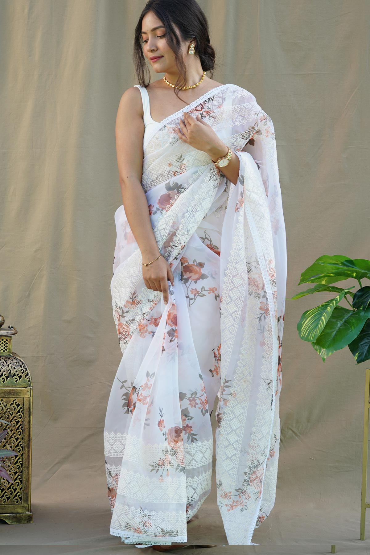 Premium Organza Digital Printed saree with chikankari Work - White