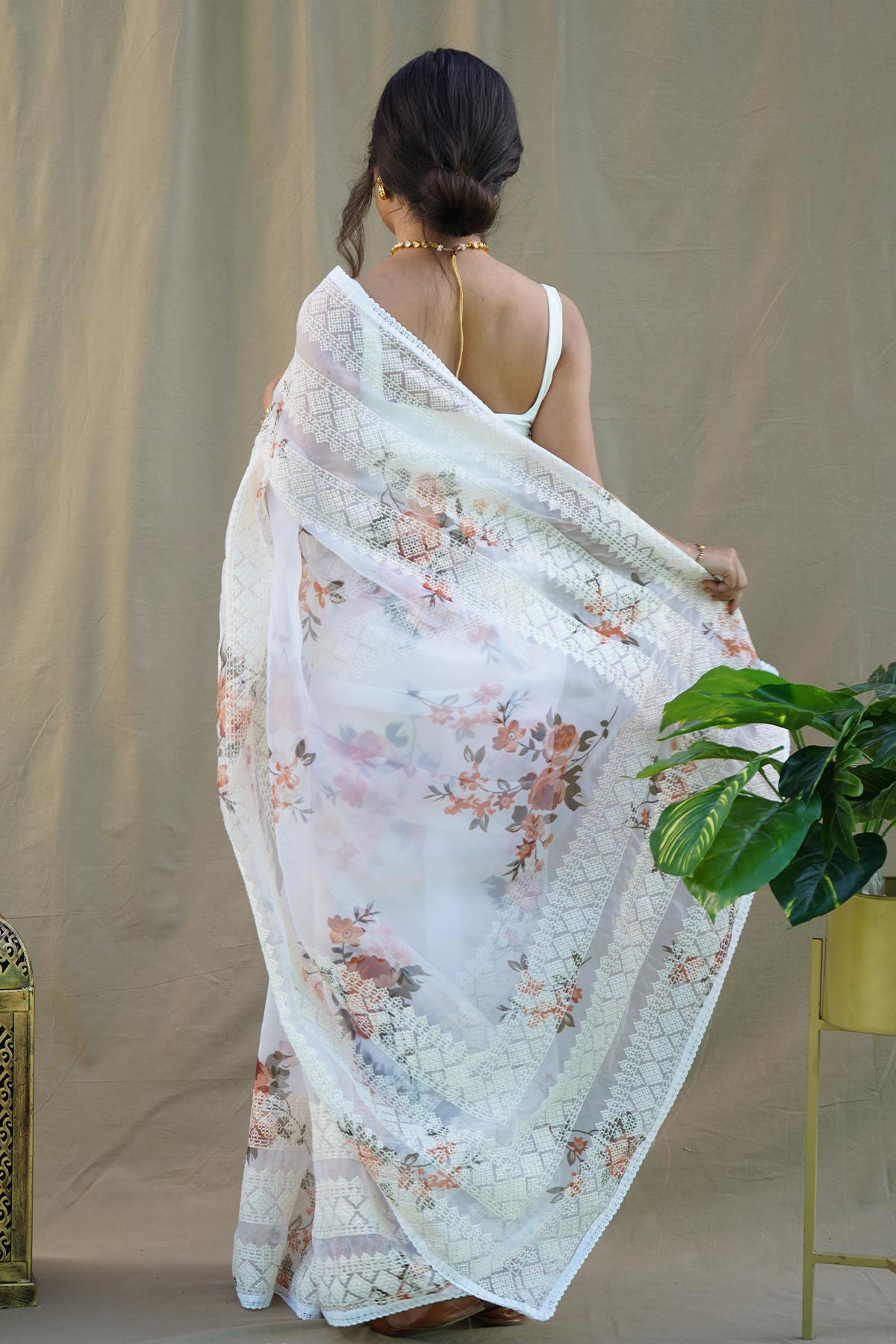 Premium Organza Digital Printed saree with chikankari Work - White