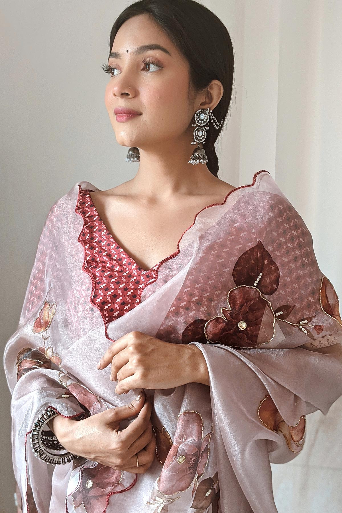 Premium Organza Digital Printed saree with Embroidery Work - Brown