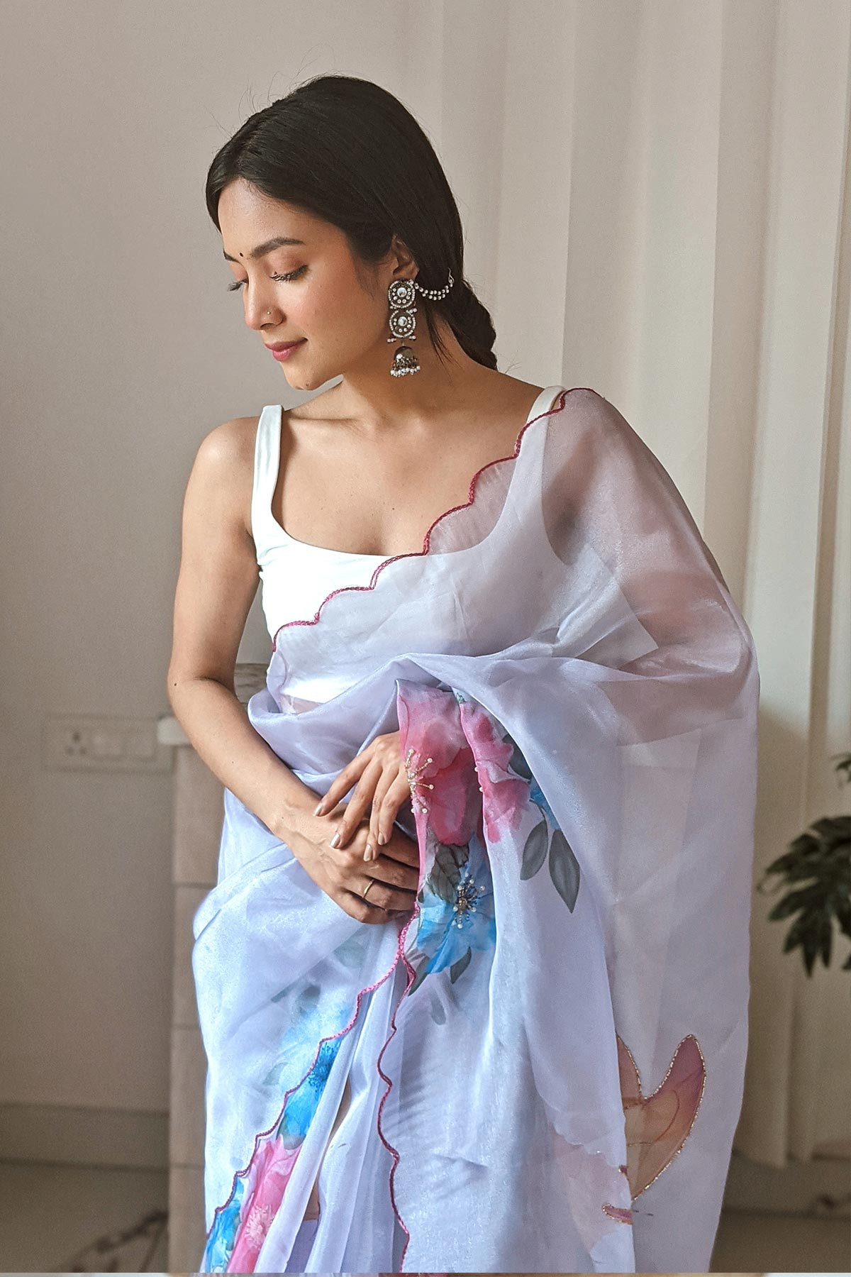Premium Organza Digital Printed saree with Embroidery Work - Blue