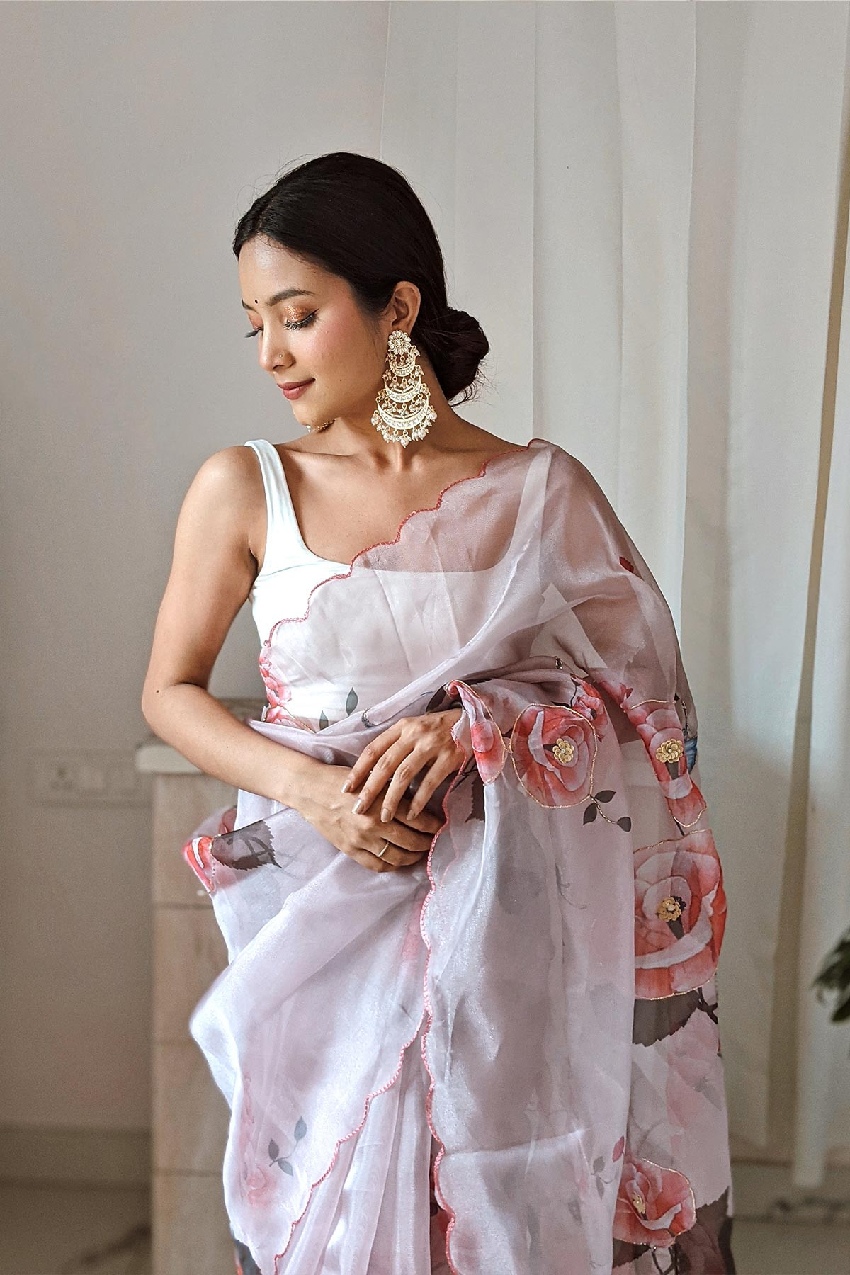 Premium Organza Digital Printed saree with Embroidery Work - Pink