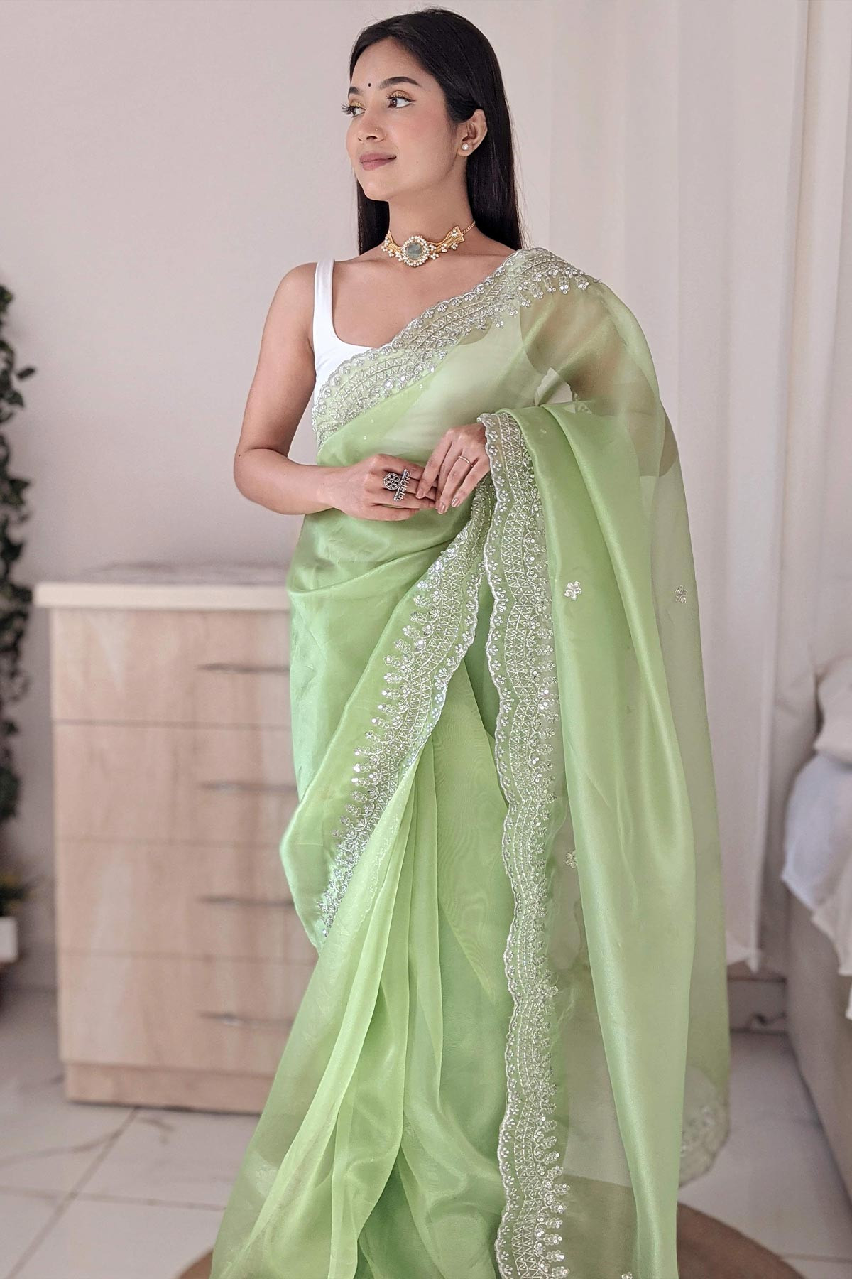 Premium Pure Organza designer saree with Embroidery Work- Green