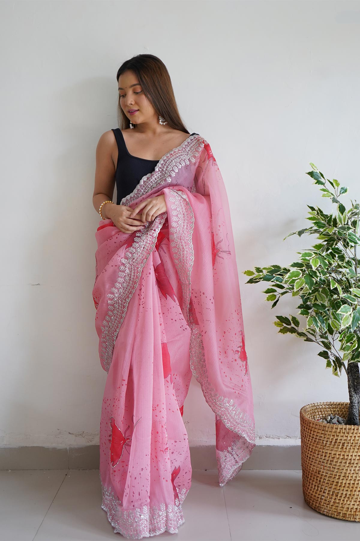 Premium Pure Organza designer saree with Embroidery Work- Pink