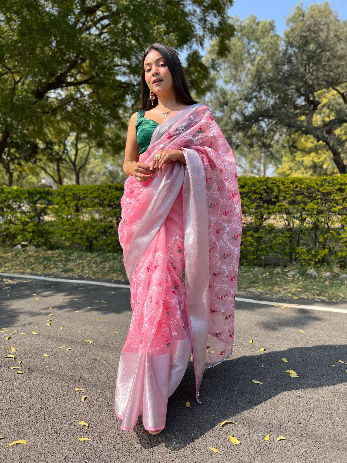 Pure Organza Premium designer saree with Chikankari Work- Pink