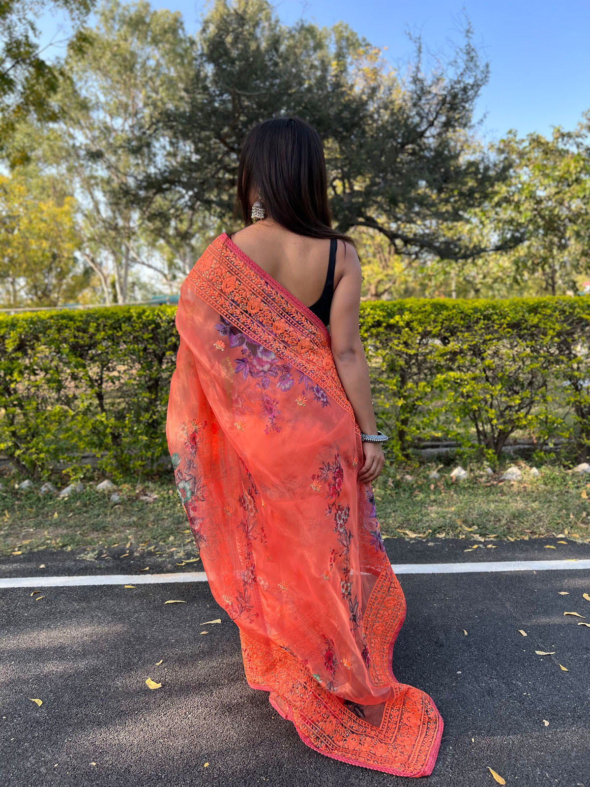 Premium Organza Digital Printed saree with Embroidery Work - Orange