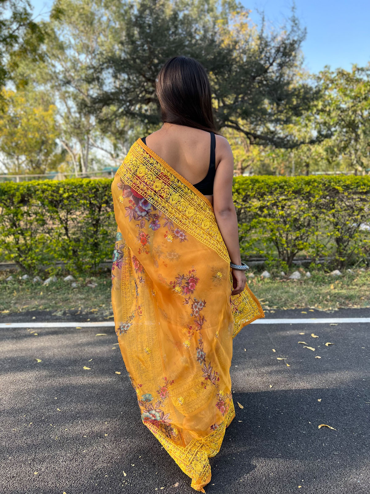 Premium Organza Digital Printed saree with Embroidery Work - Yellow