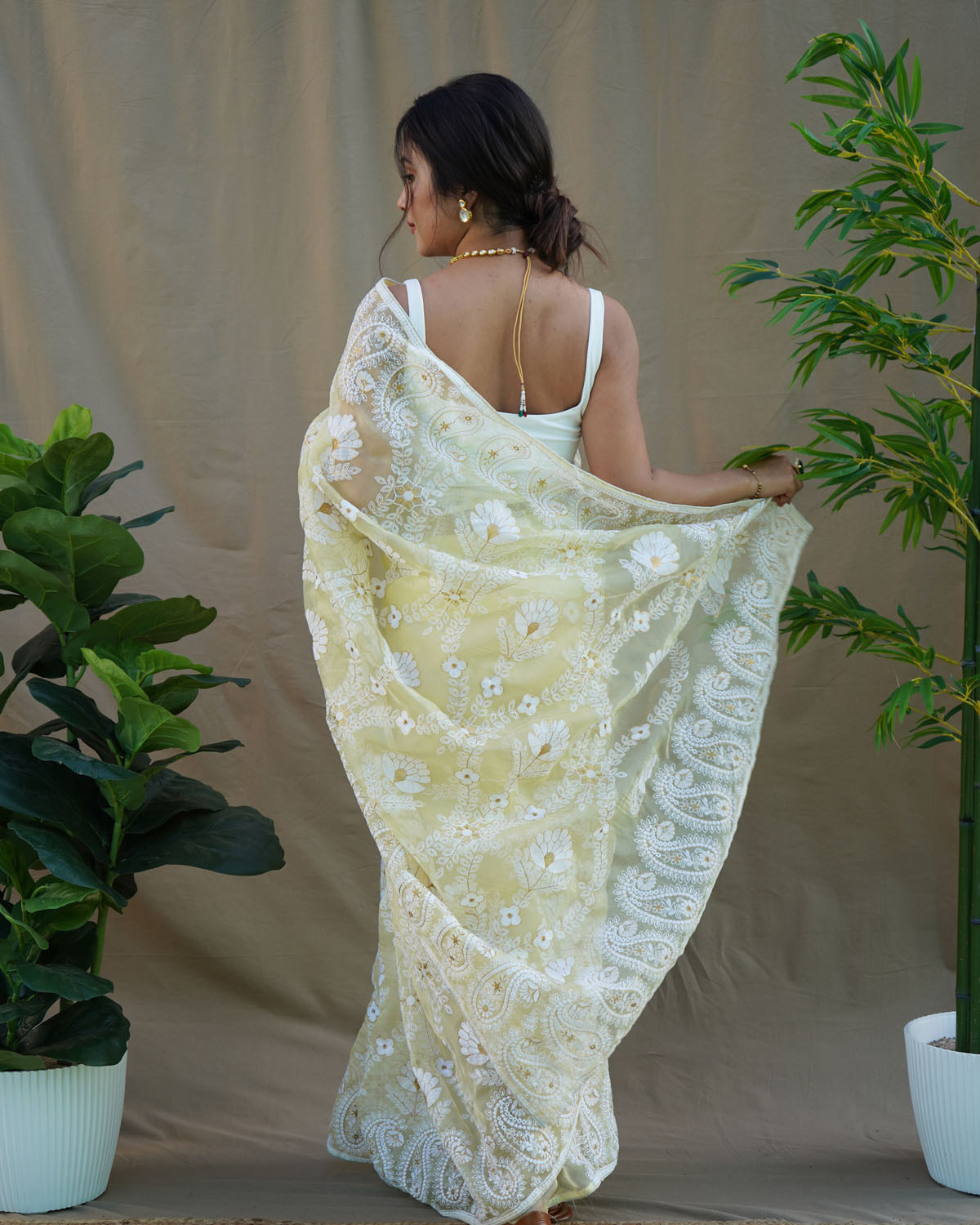 Premium Organza Silk Designer saree with Hand Embroidery Work- Yellow