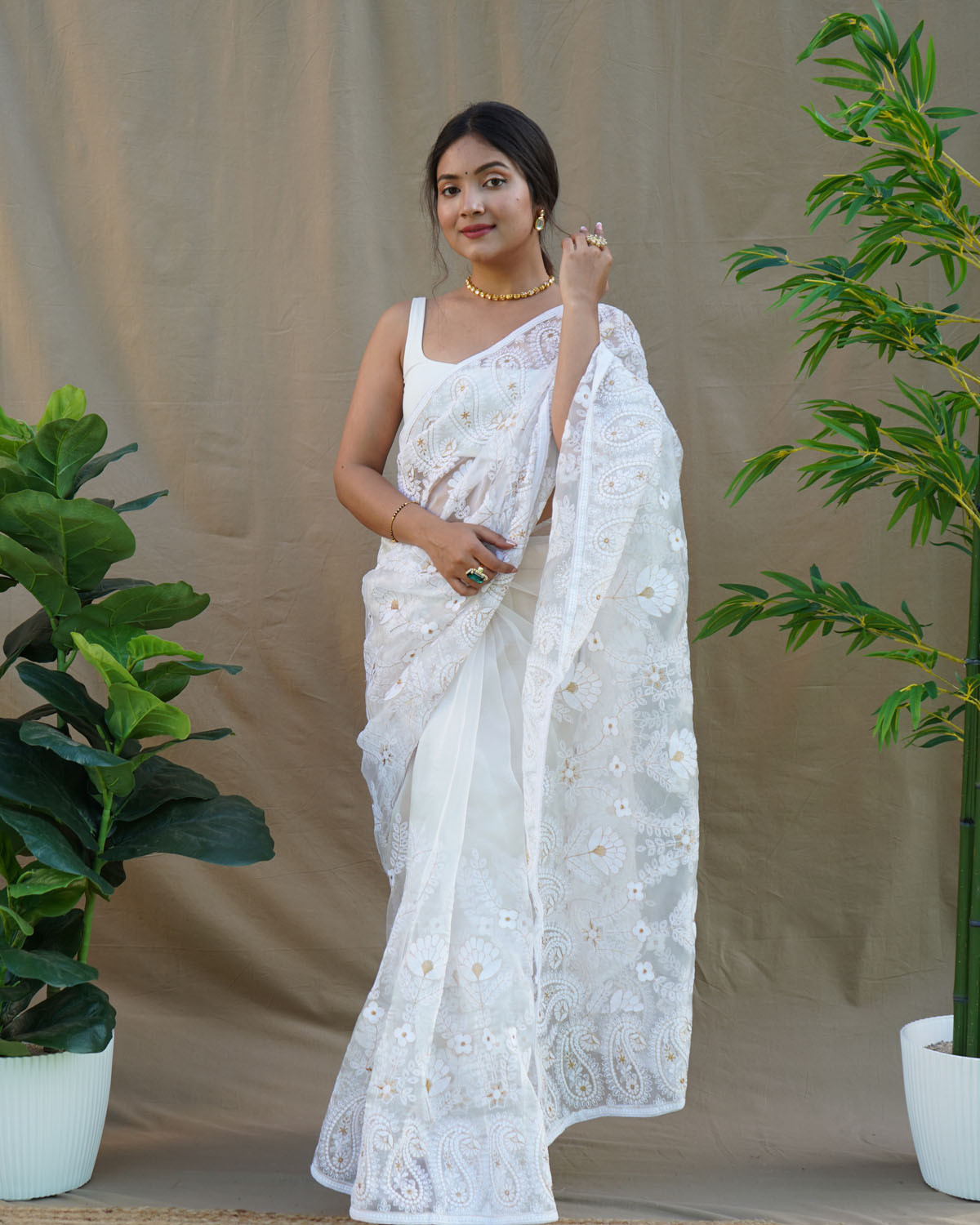 Premium Organza Silk Designer saree with Hand Embroidery Work- White